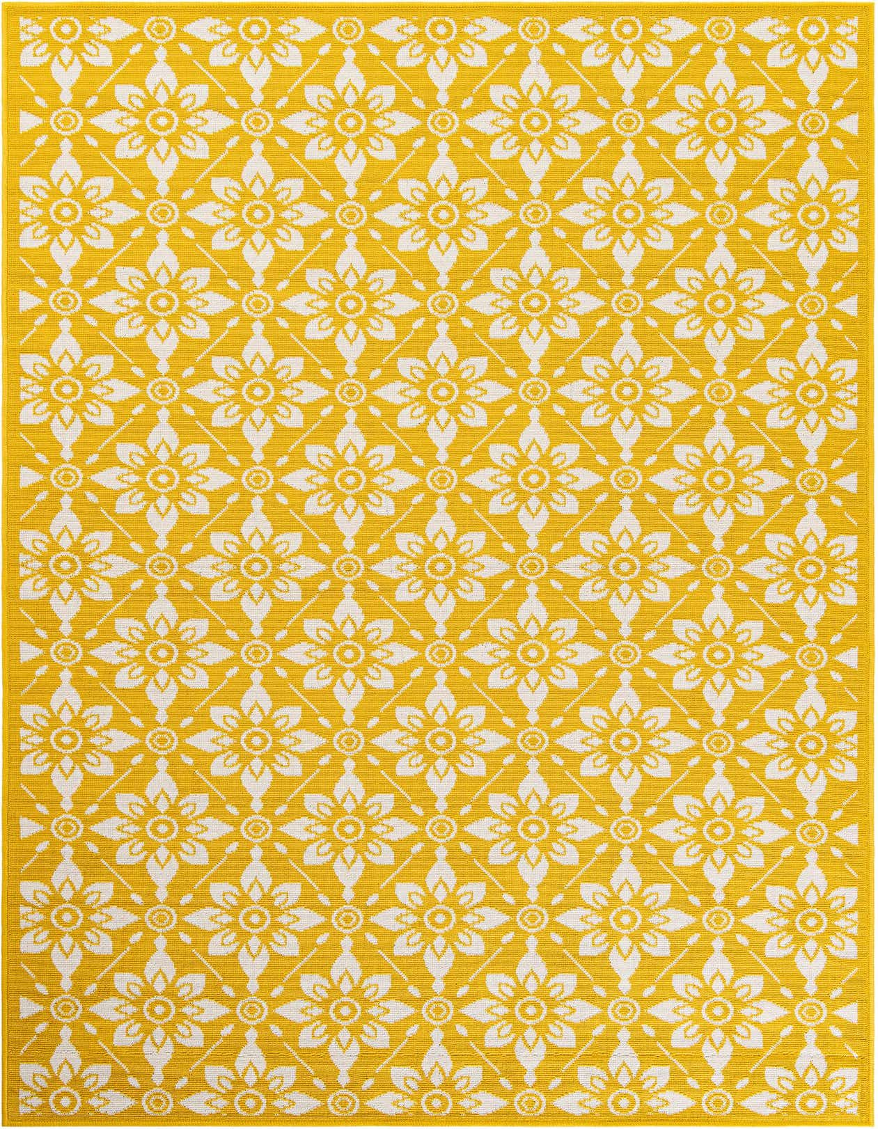 A 5x8 rectangular yellow and white modern floral rug with a flatweave texture, suitable for indoor or outdoor spaces.