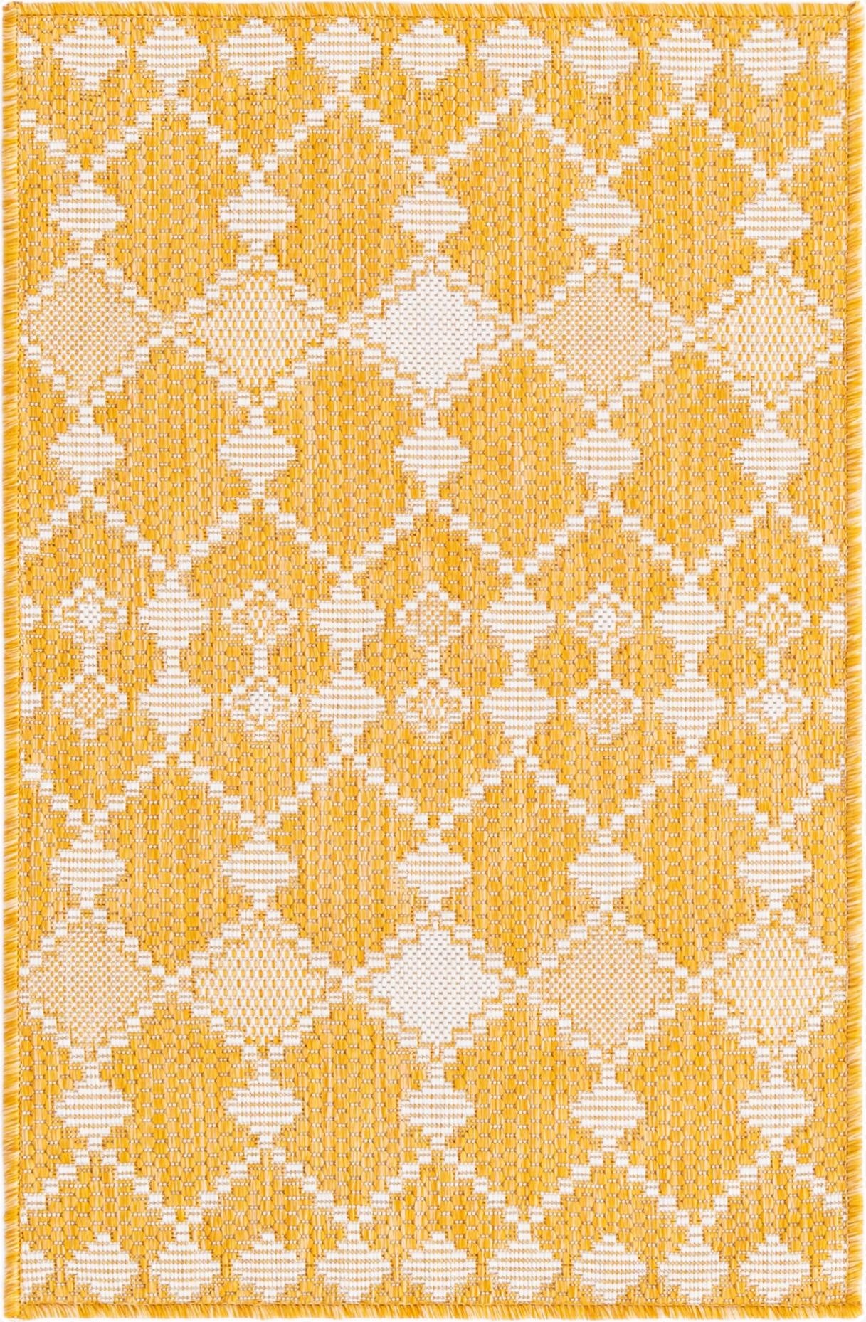 A 2x3 rectangular yellow and white indoor/outdoor rug with a modern trellis pattern, suitable for a patio or entryway.