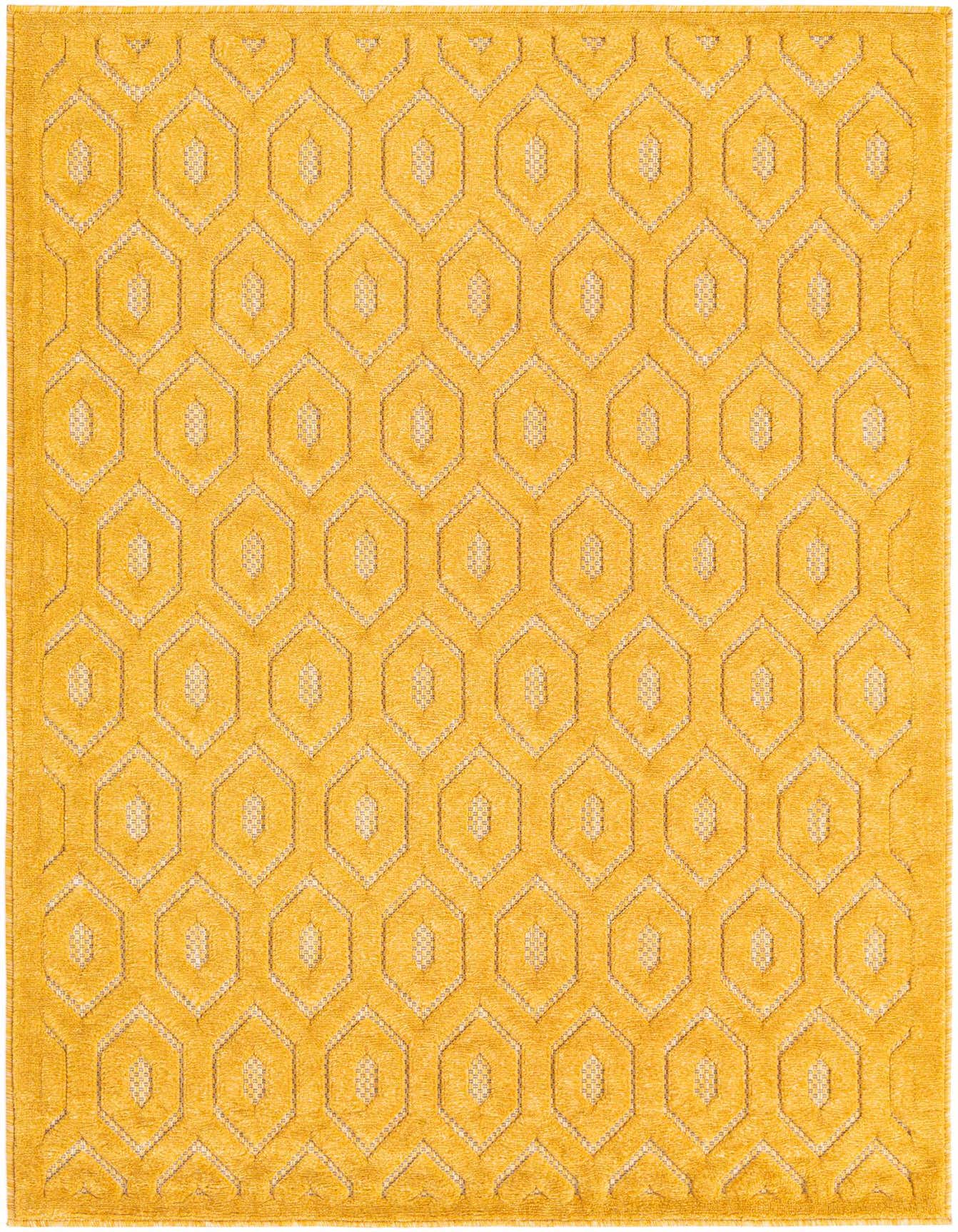 A 4x6 rectangular yellow area rug featuring a modern textured high-low geometric honeycomb pattern, suitable for indoor or outdoor use.
