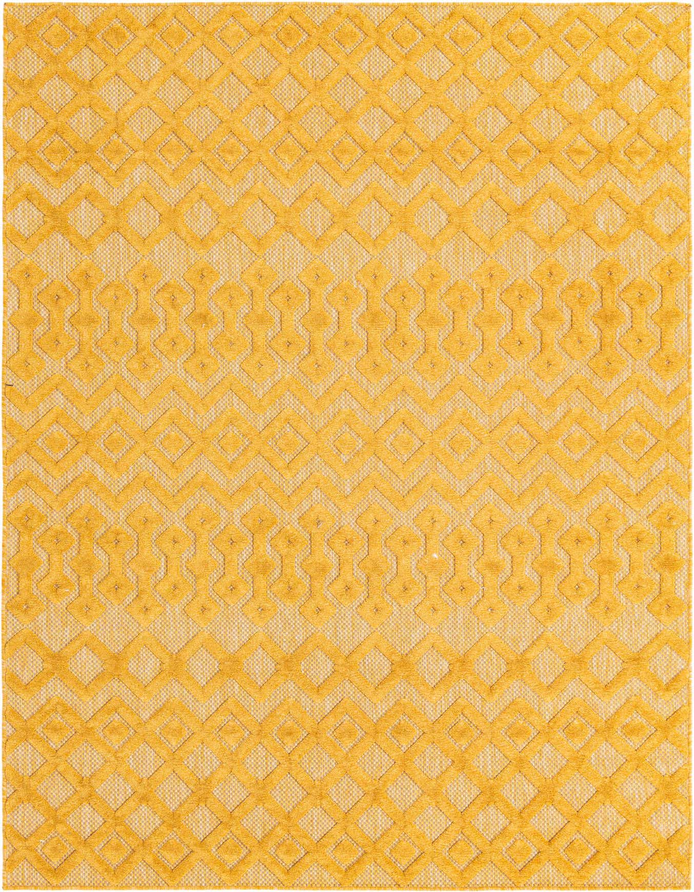 A 6x9 rectangular yellow and gold tribal trellis rug with a textured high-low pile, suitable for indoor or outdoor spaces.