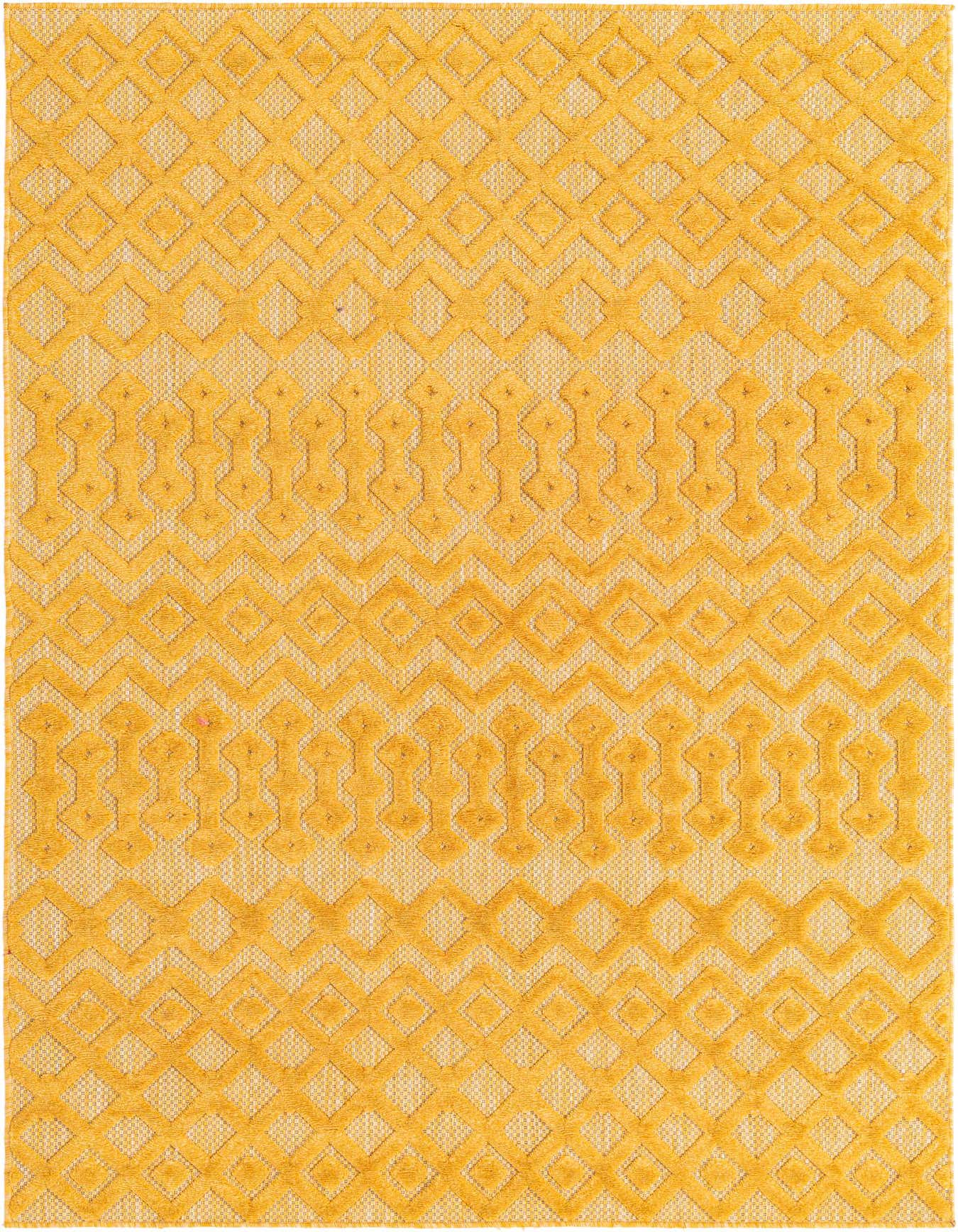 A 5x8 rectangular yellow and gold tribal trellis rug with a textured high/low pile, suitable for indoor or outdoor use.