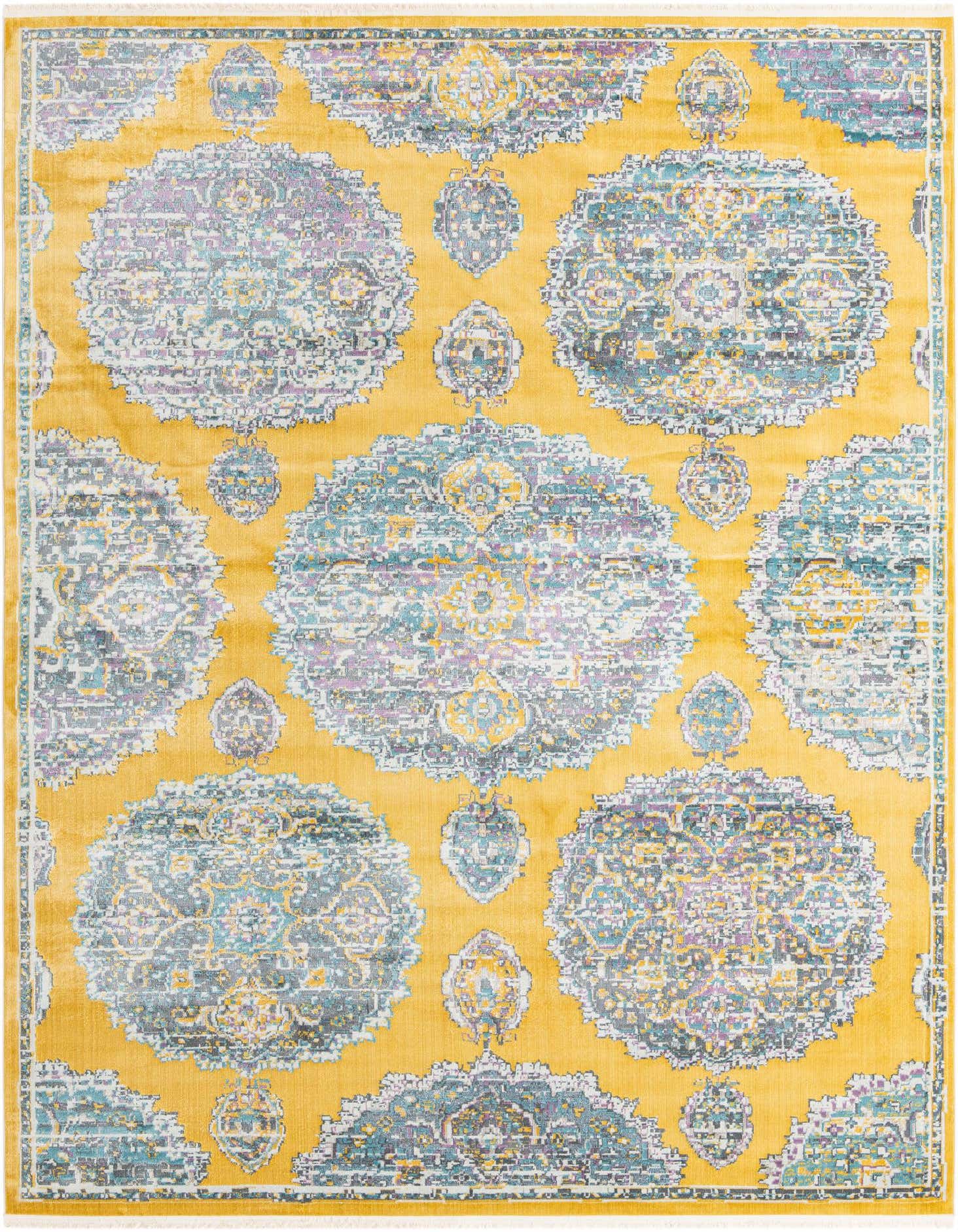 A 9x12 rectangular yellow area rug featuring large, distressed bohemian floral medallions in shades of teal, purple, and grey.