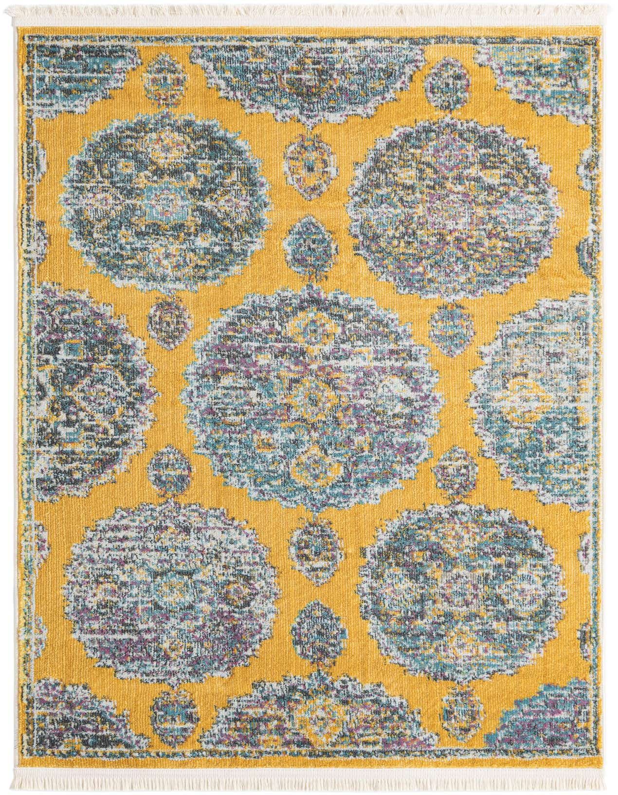 A 3x5 rectangular yellow rug with a distressed medallion pattern in teal, purple, and gold, featuring white fringe.