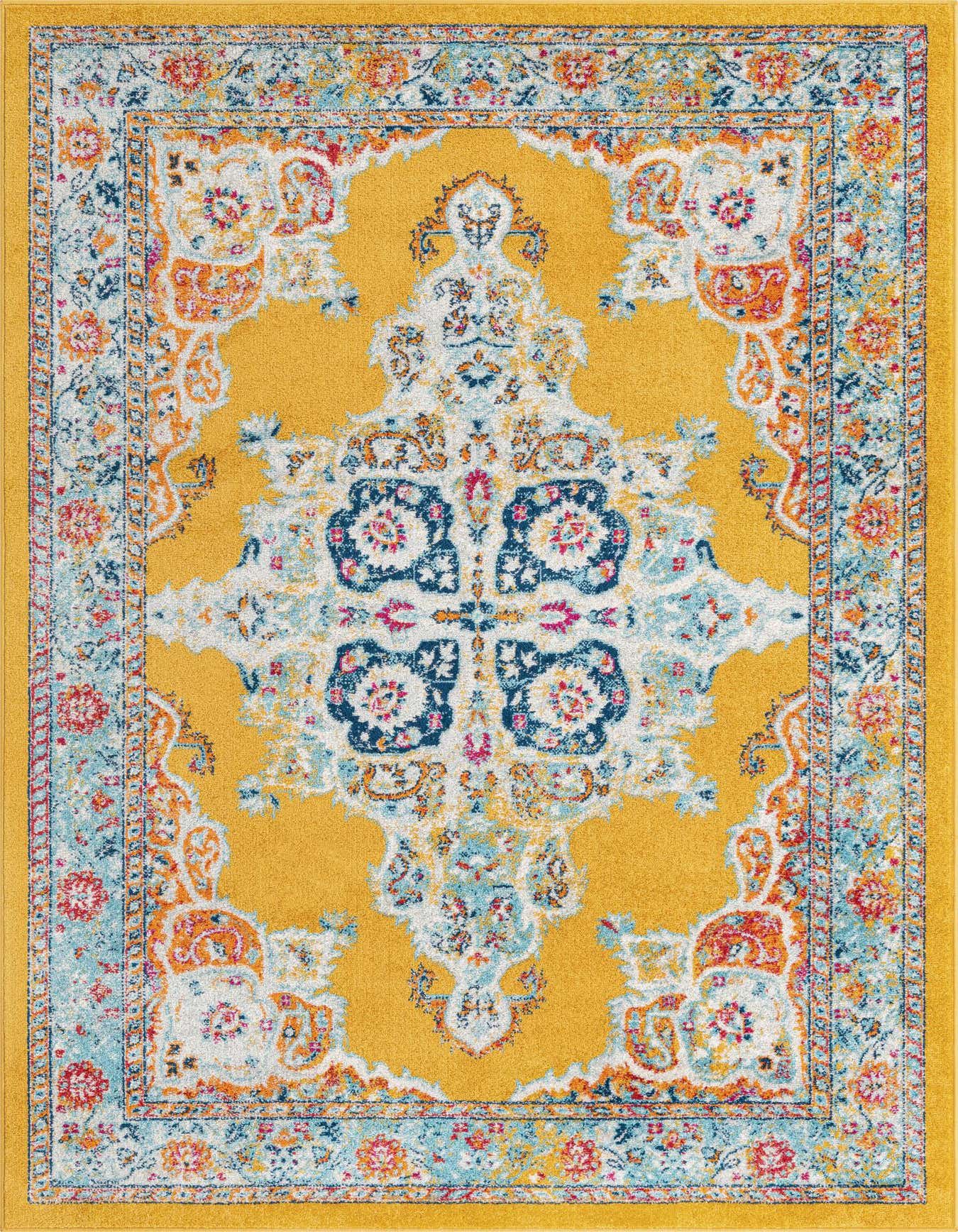 A 6x9 rectangular yellow Parker Collection rug with a traditional medallion pattern in blue, orange, and white.