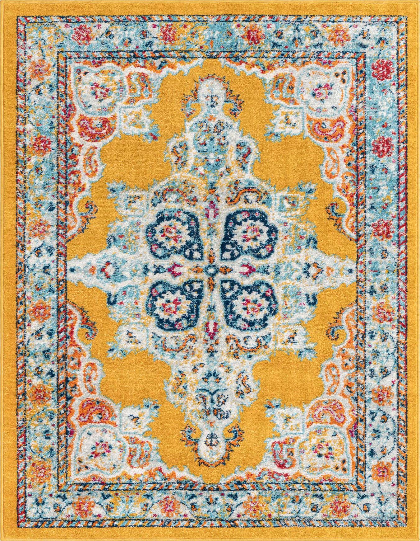 A 4x6 rectangular Parker collection rug featuring a vibrant yellow field with a traditional medallion pattern in blue, red, and orange.