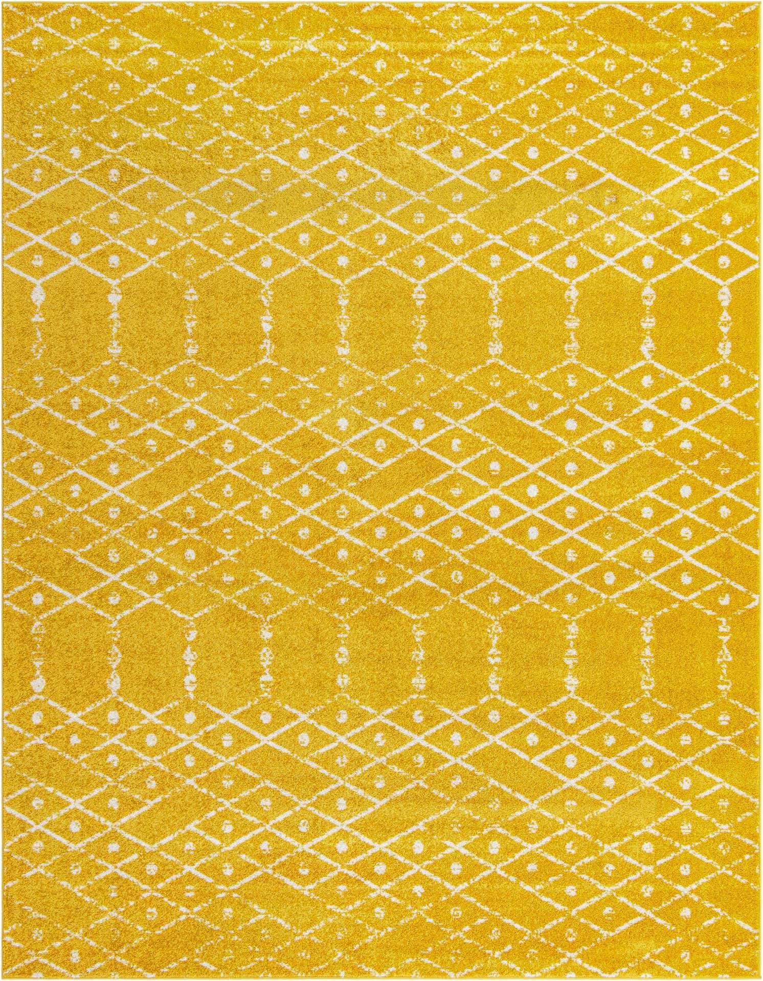 A 9x12 rectangular Paxon Trellis rug in bright yellow with a modern white tribal trellis pattern.