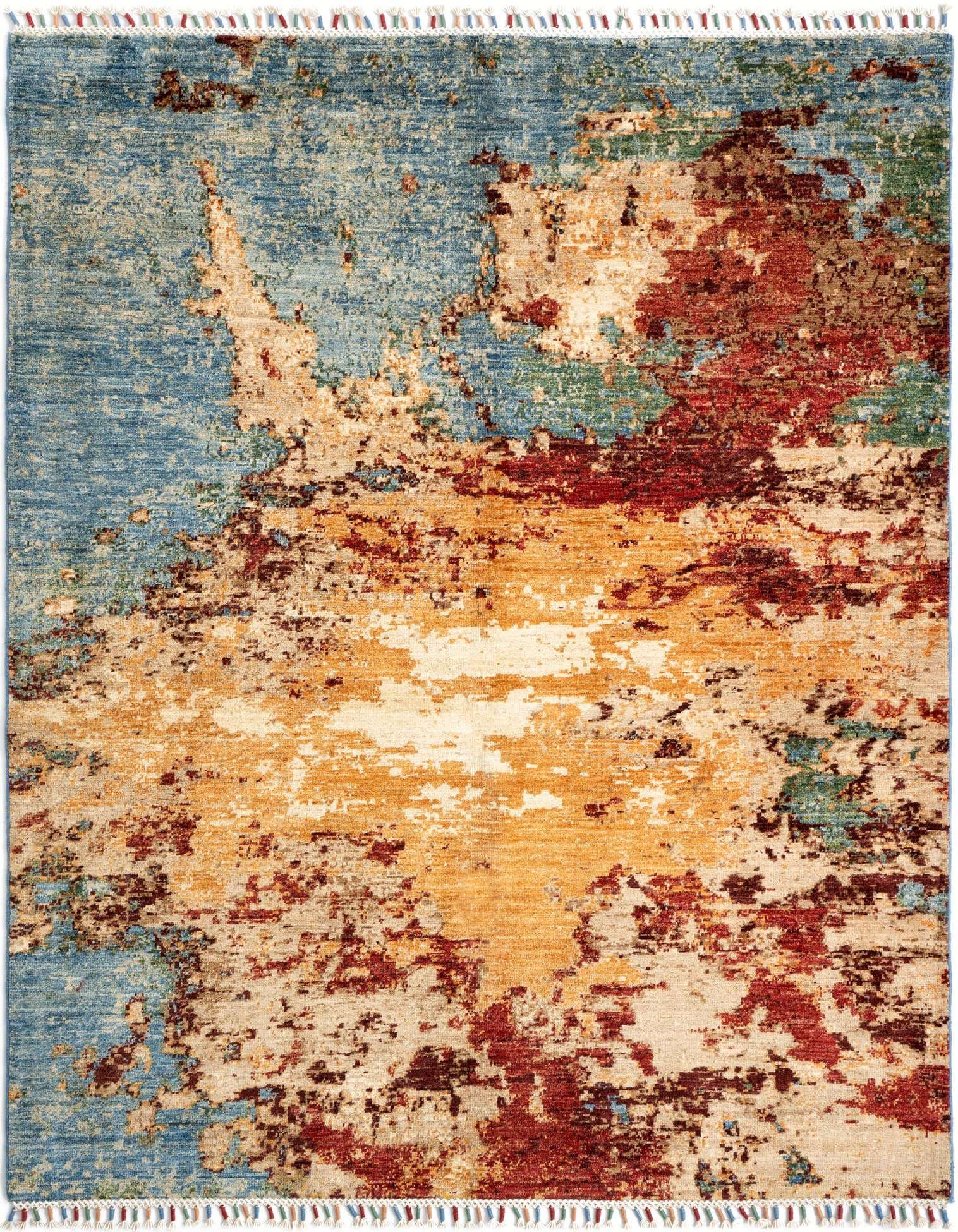 A 4x6 rectangular Rubin Persian rug featuring an abstract distressed pattern in yellows, golds, blues, and reds, with short fringe.