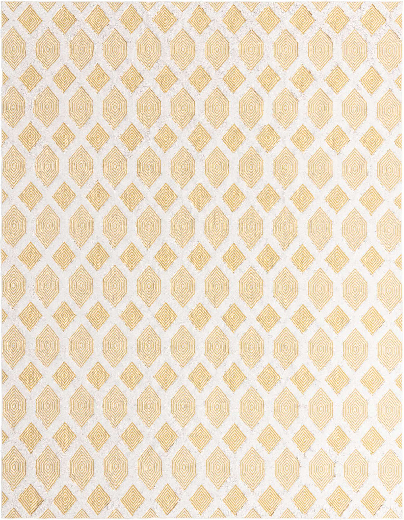 A 9x12 rectangular Rugs.com Sabrina Soto Casa rug featuring a repeating modern geometric pattern of yellow and gold concentric diamonds on a textured white background.