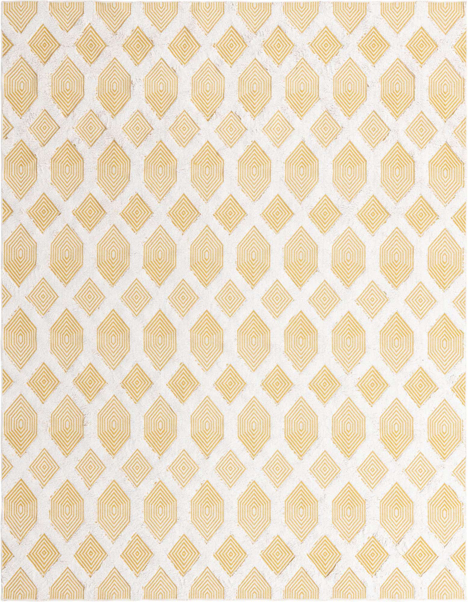 An 8x10 rectangular Rugs.com Sabrina Soto Casa rug featuring a modern abstract pattern of repeating yellow and gold geometric shapes on a white background, ideal for a living room.