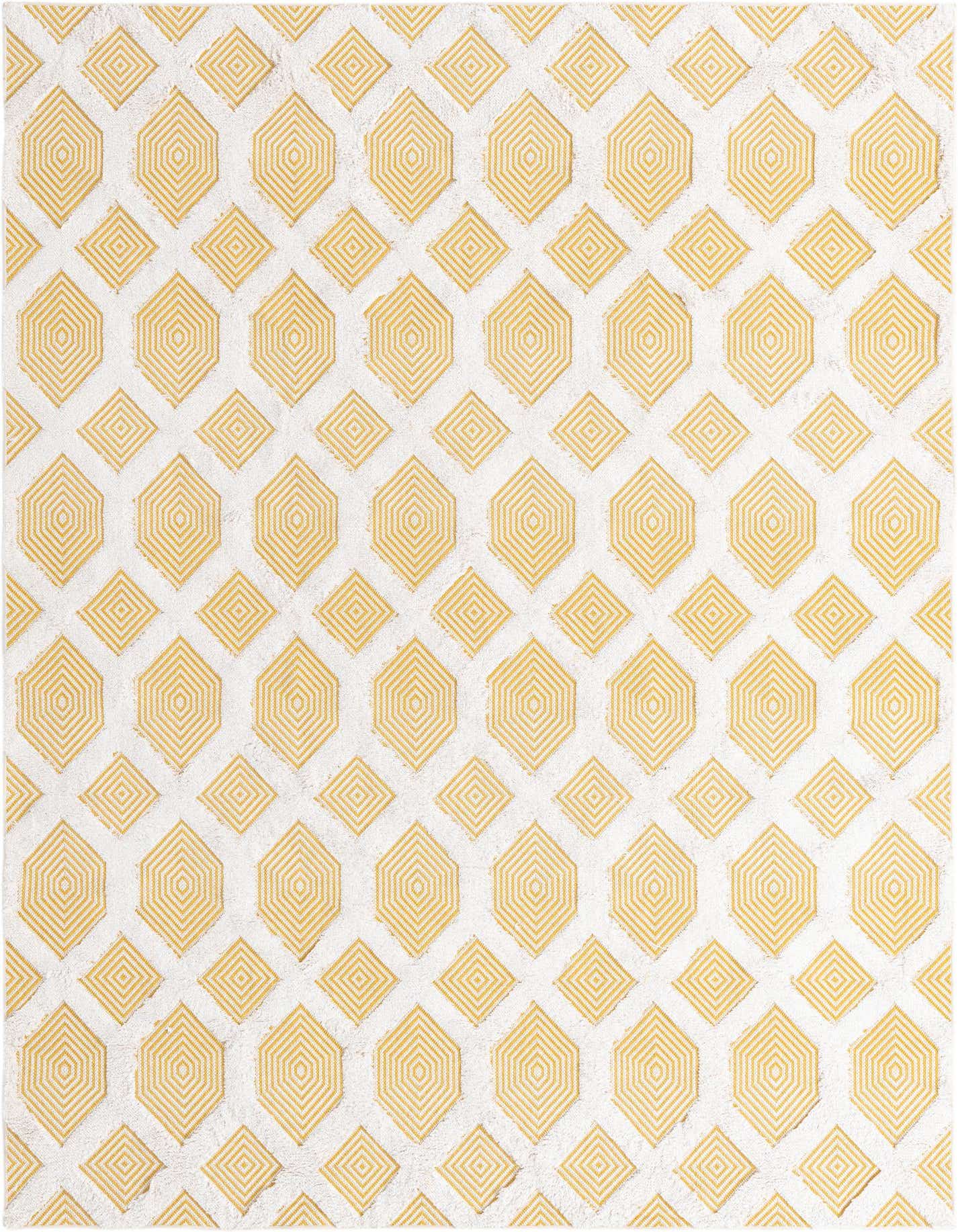 A 6x9 rectangular yellow and white modern area rug with a textured abstract geometric pattern, ideal for a living room.