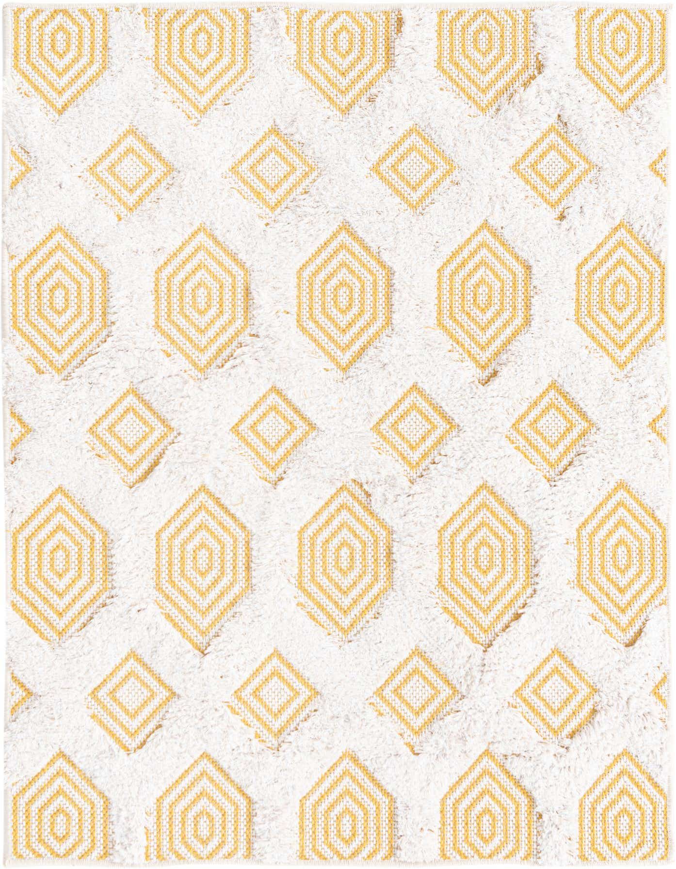 A 2x3 rectangular Rugs.com Sabrina Soto Casa rug featuring a modern abstract pattern of yellow and gold geometric shapes on a textured white background.