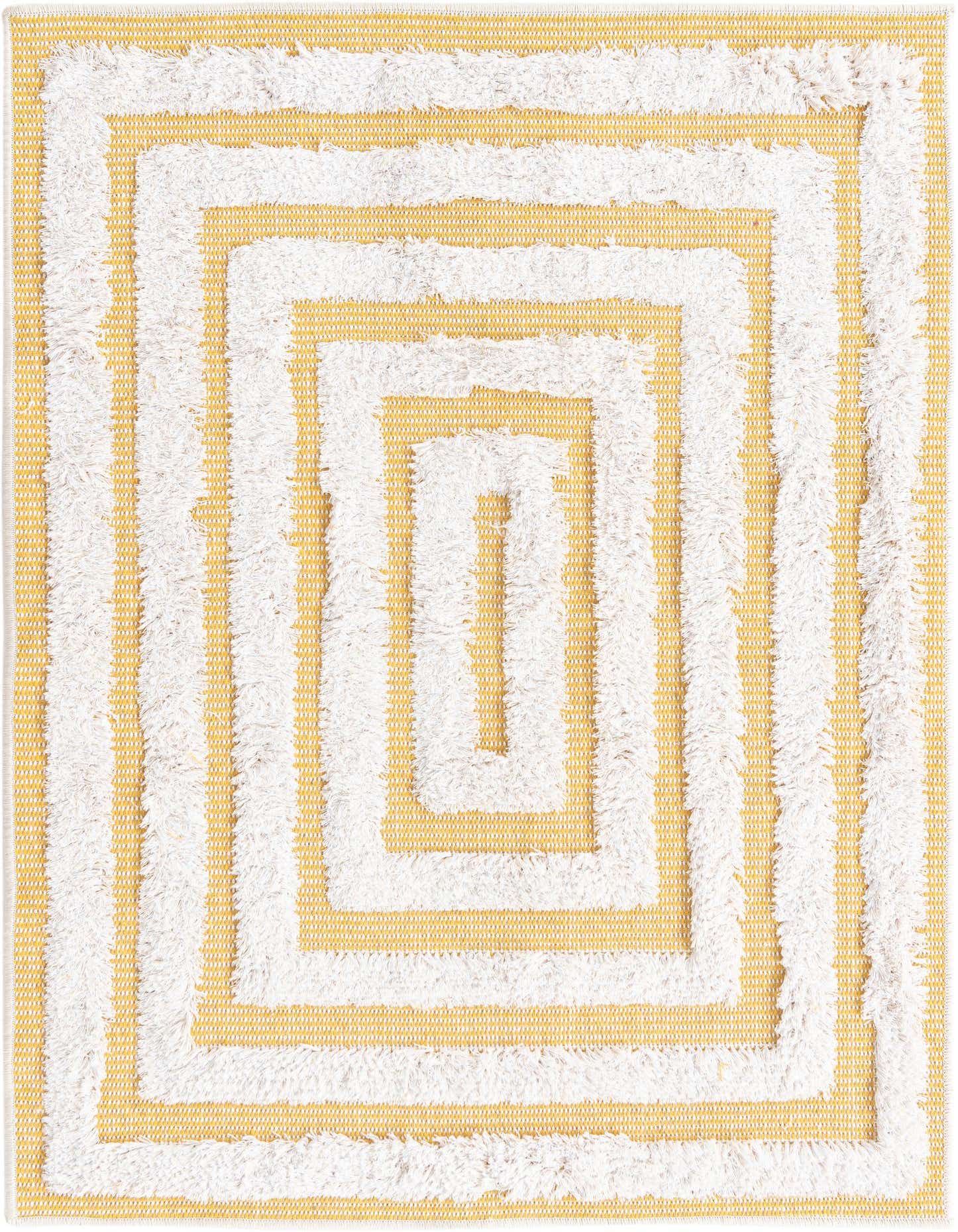 A 2x3 rectangular yellow and white modern rug with a textured stripe pattern forming concentric squares, suitable for indoor spaces.