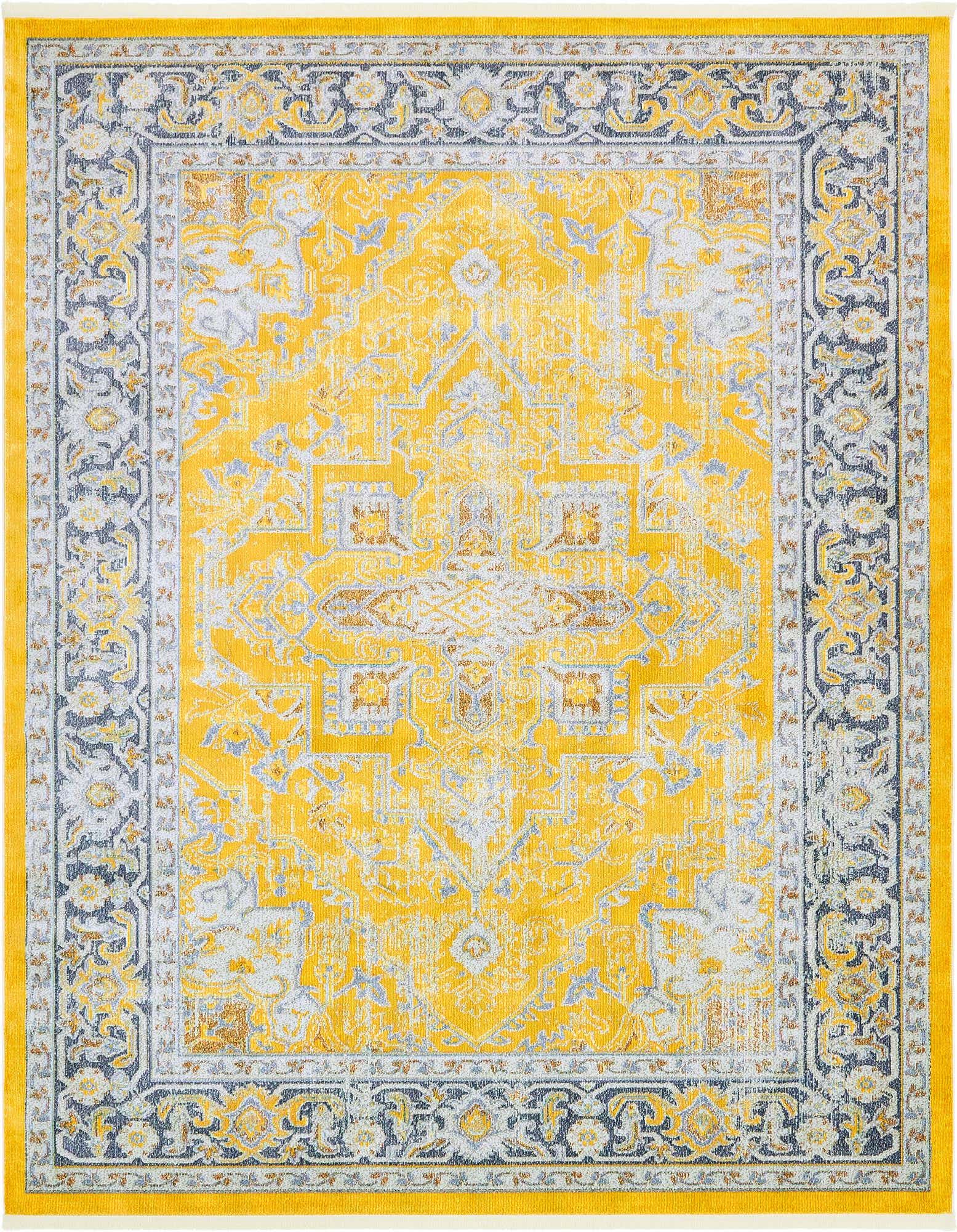An 8x10 rectangular Santiago rug in yellow and gold with a distressed traditional medallion pattern and border.