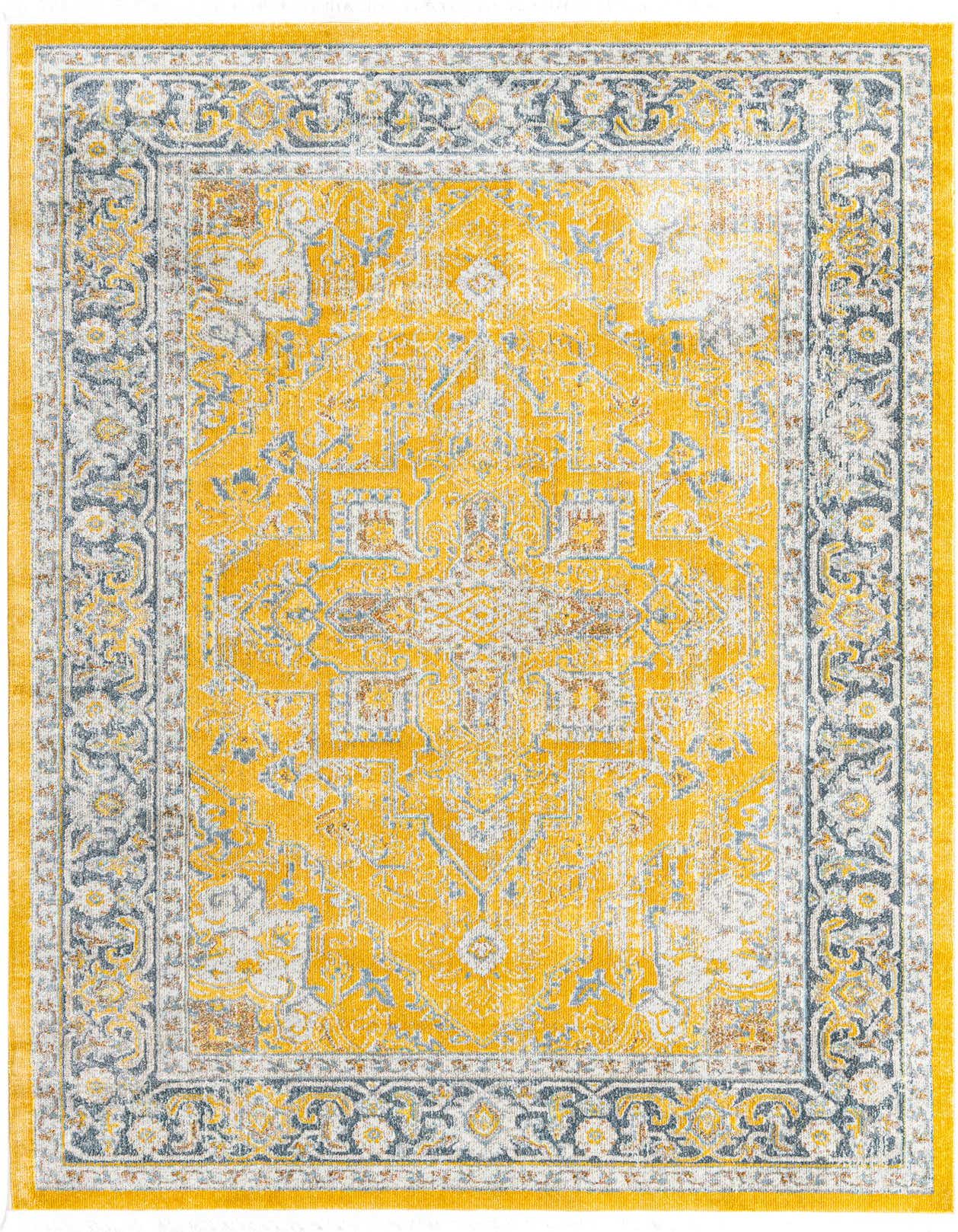 A 5x8 rectangular yellow area rug with a distressed traditional medallion and botanical pattern, featuring grey and white accents.