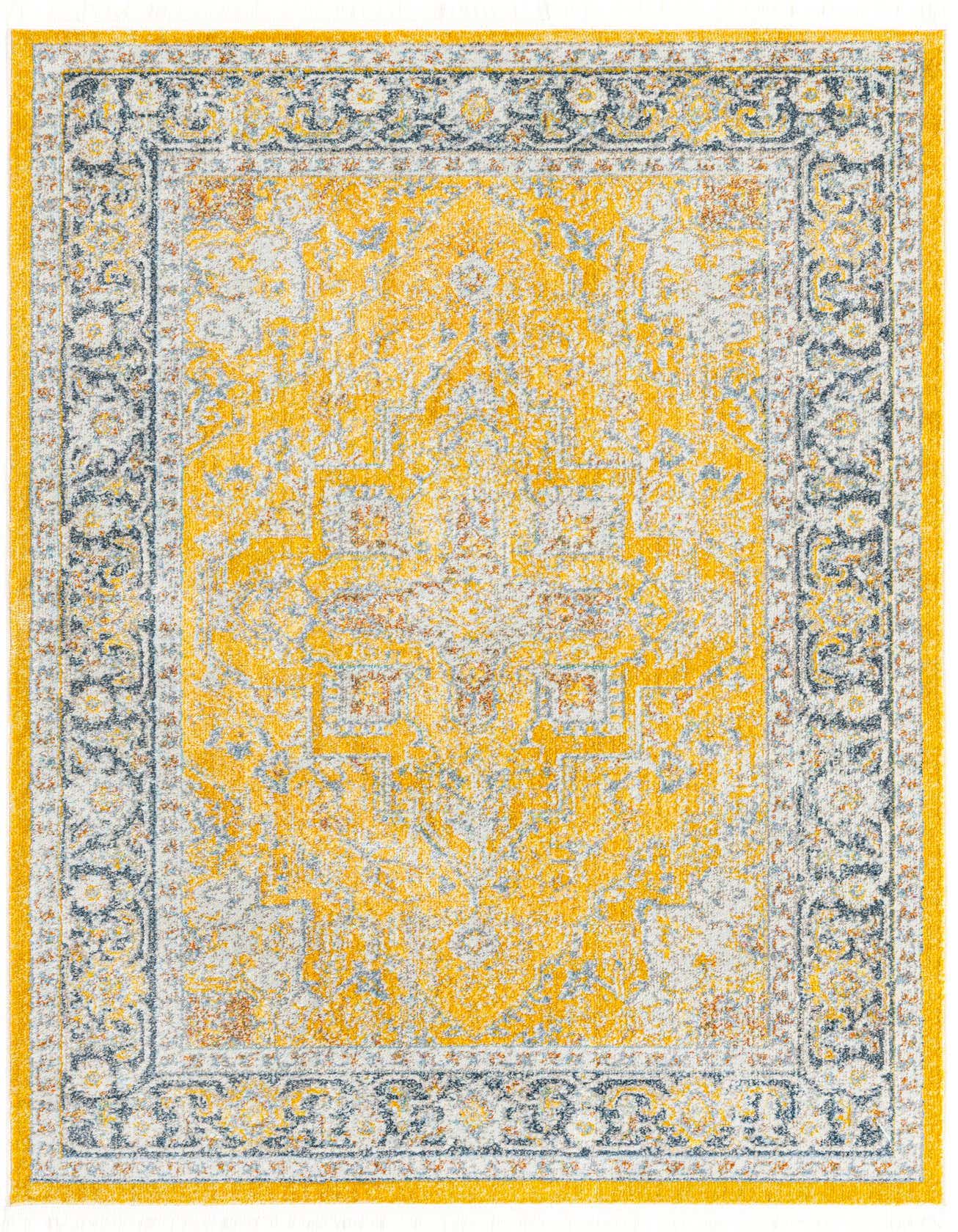 A 4x6 rectangular yellow area rug with a distressed traditional medallion pattern and a blue and white ornate border.