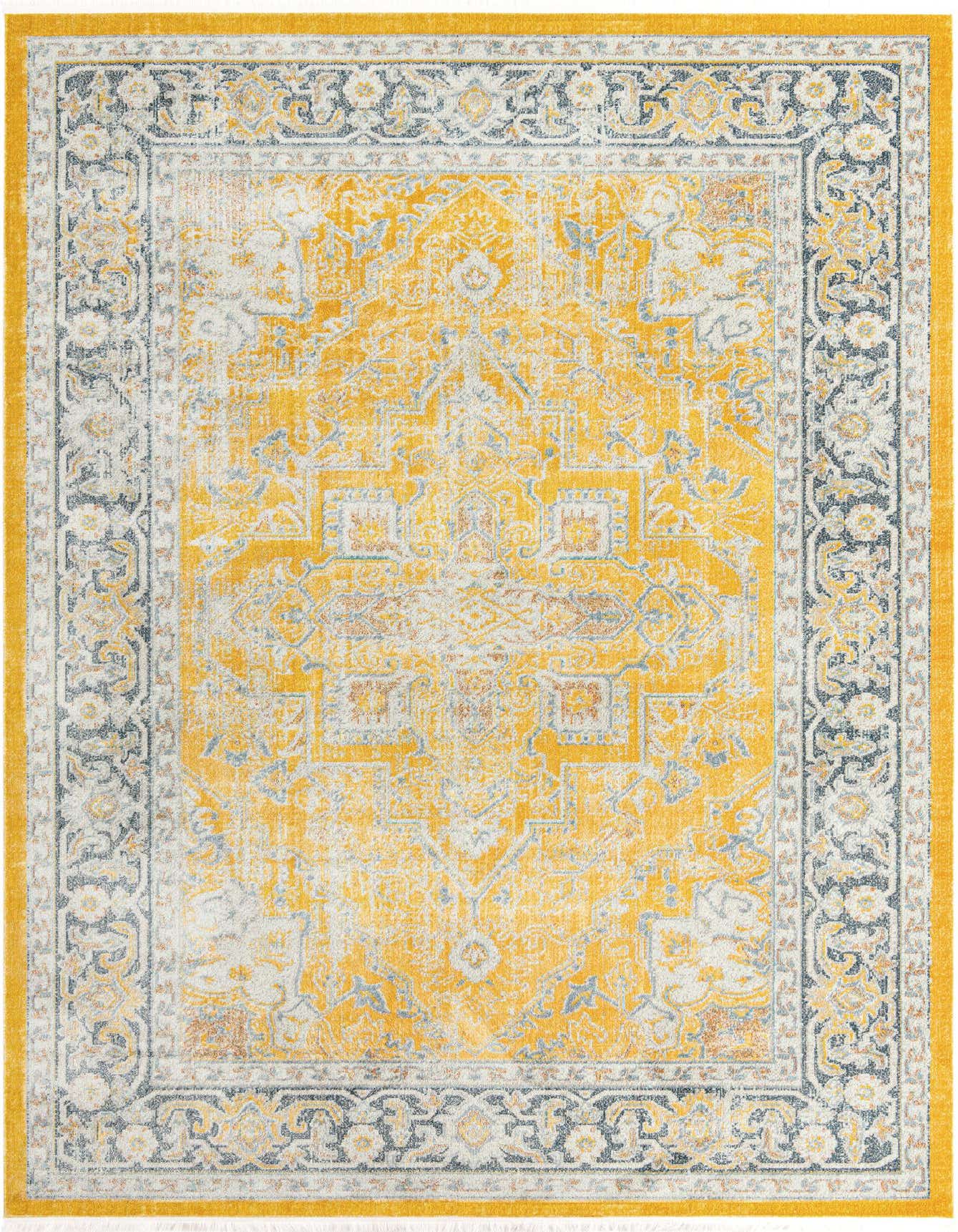 A 10x14 rectangular Santiago rug with a distressed traditional medallion pattern in yellow, gold, and light blue.