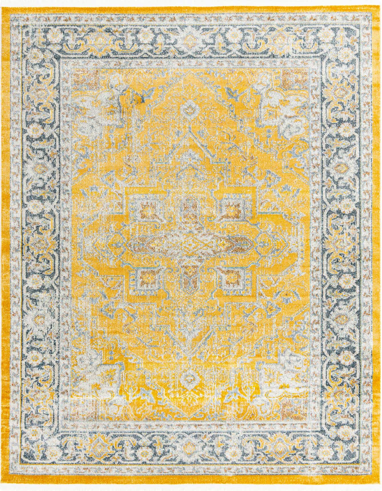 A 7x10 rectangular yellow area rug with a distressed traditional medallion pattern and a grey and white border.
