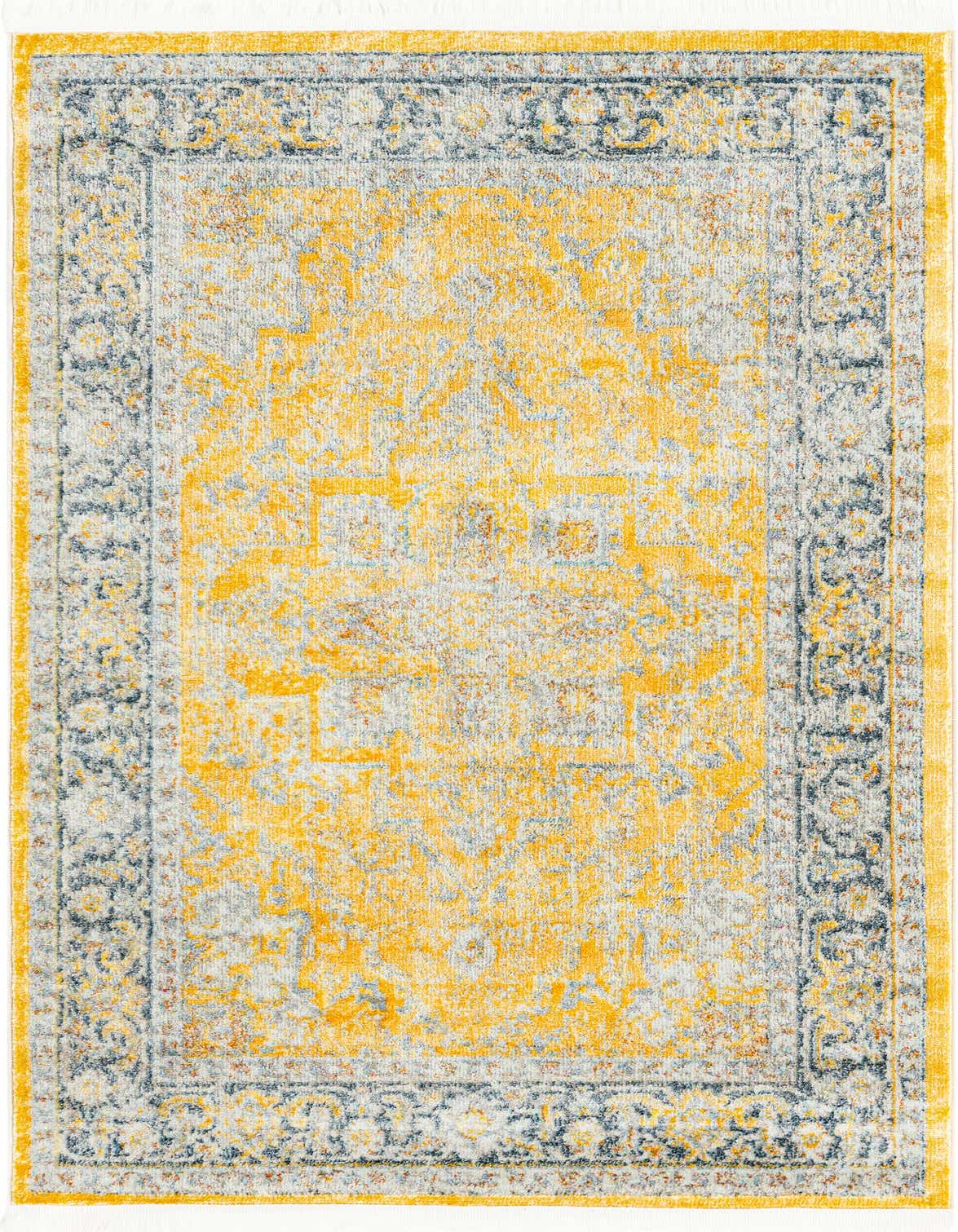 A 3x5 rectangular Santiago rug featuring a distressed yellow and gold medallion pattern with a grey and blue traditional border.