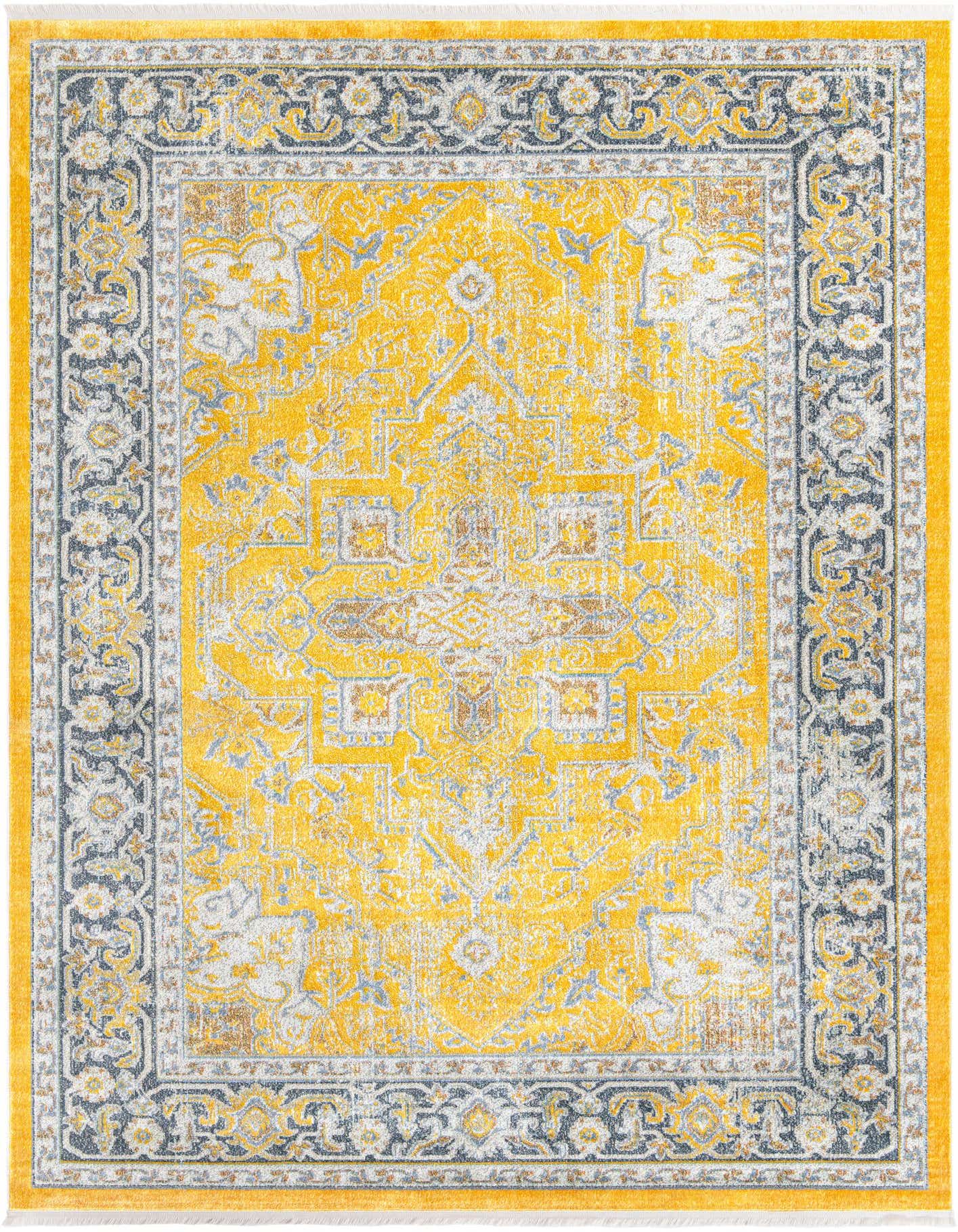 A rectangular 8x11 Santiago rug featuring a distressed yellow and gold medallion pattern with a traditional border in shades of gray, blue, and brown.