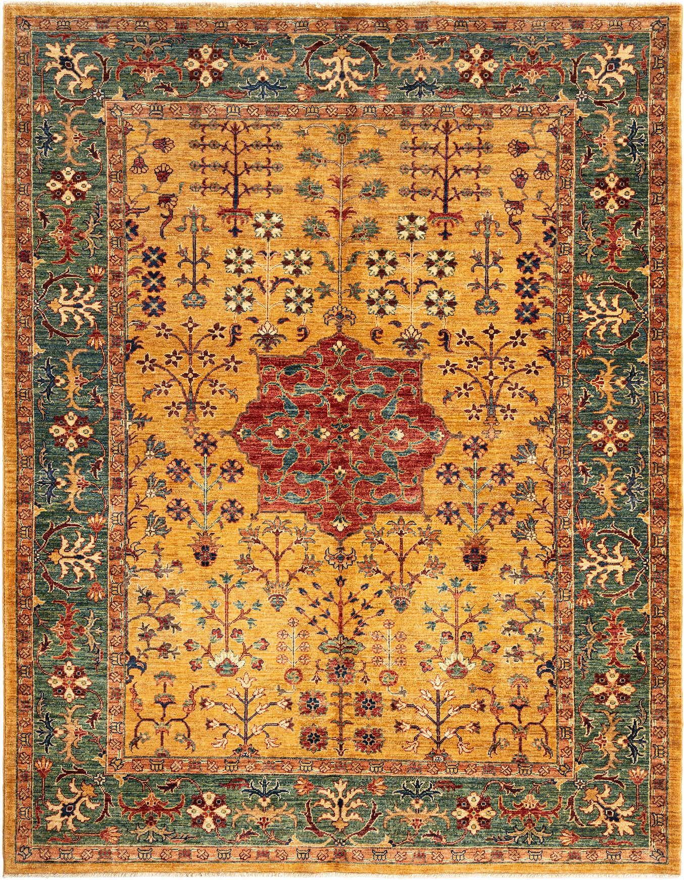 A 5x8 rectangular Persian wool rug featuring a golden-yellow field with intricate floral and tree-like motifs, bordered by a rich teal design.