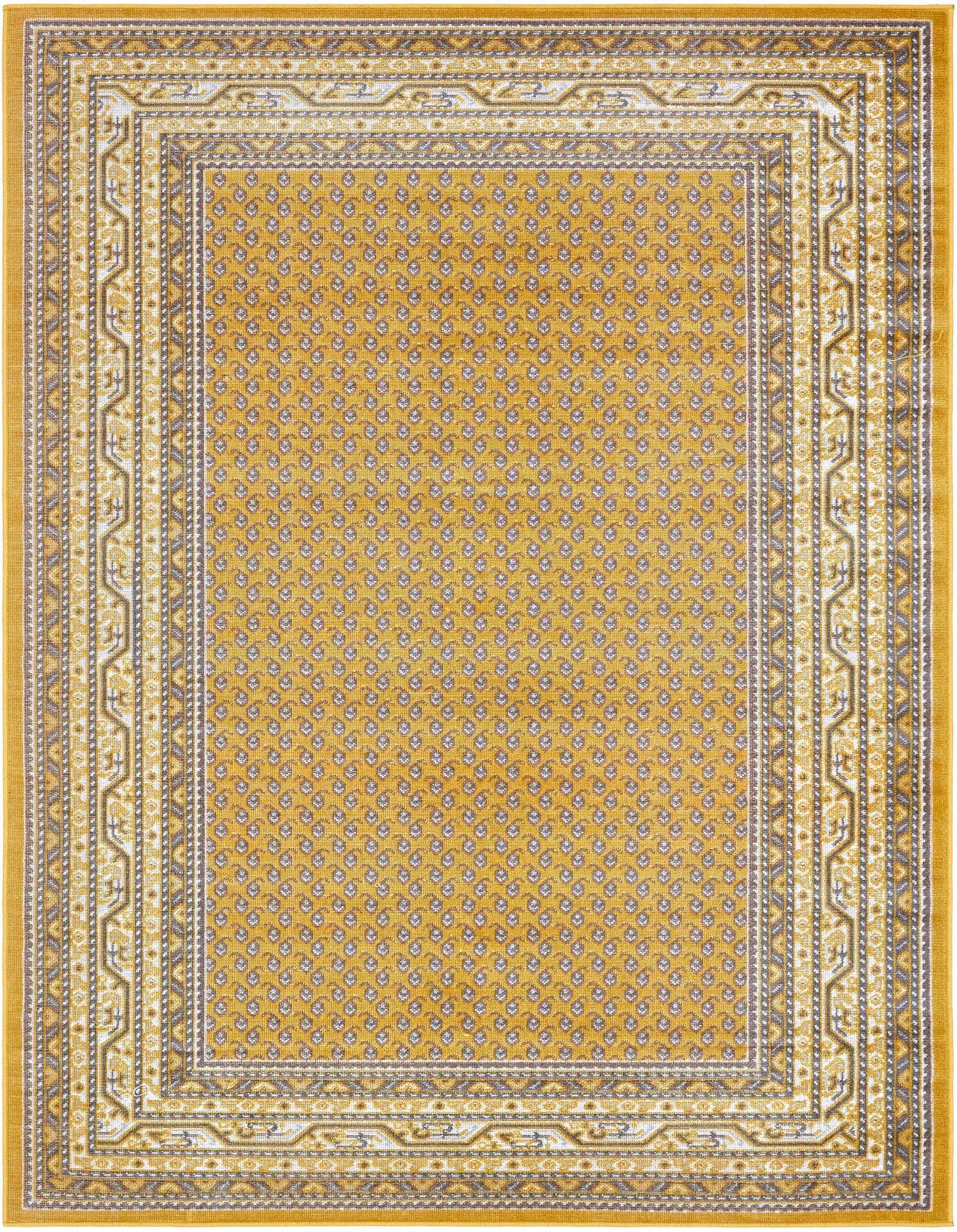 A 9x12 rectangular Southwestern rug in shades of yellow and gold, featuring a traditional tribal pattern and border.