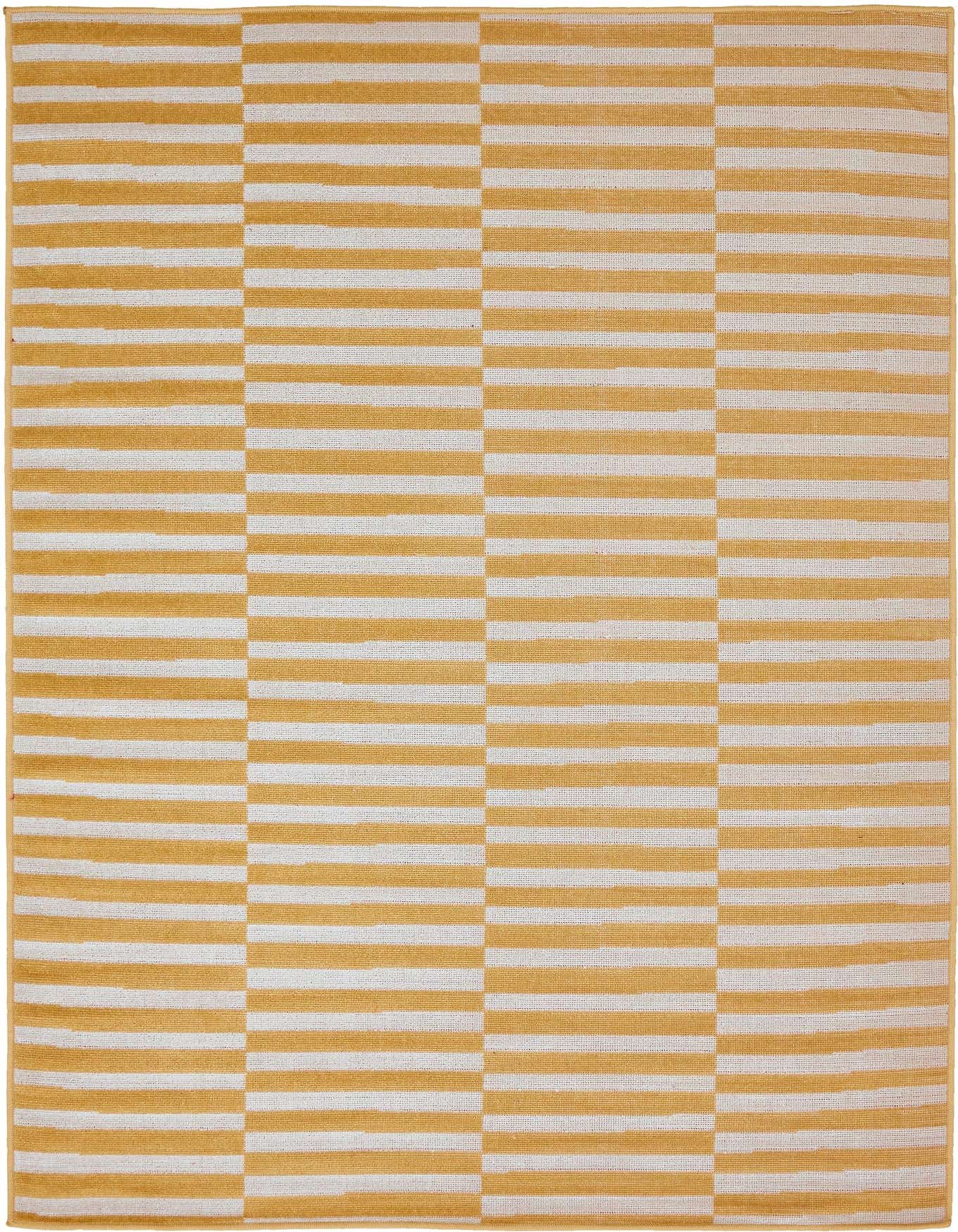 A 4x6 rectangular flatweave rug featuring a modern striped pattern in alternating yellow and white blocks.