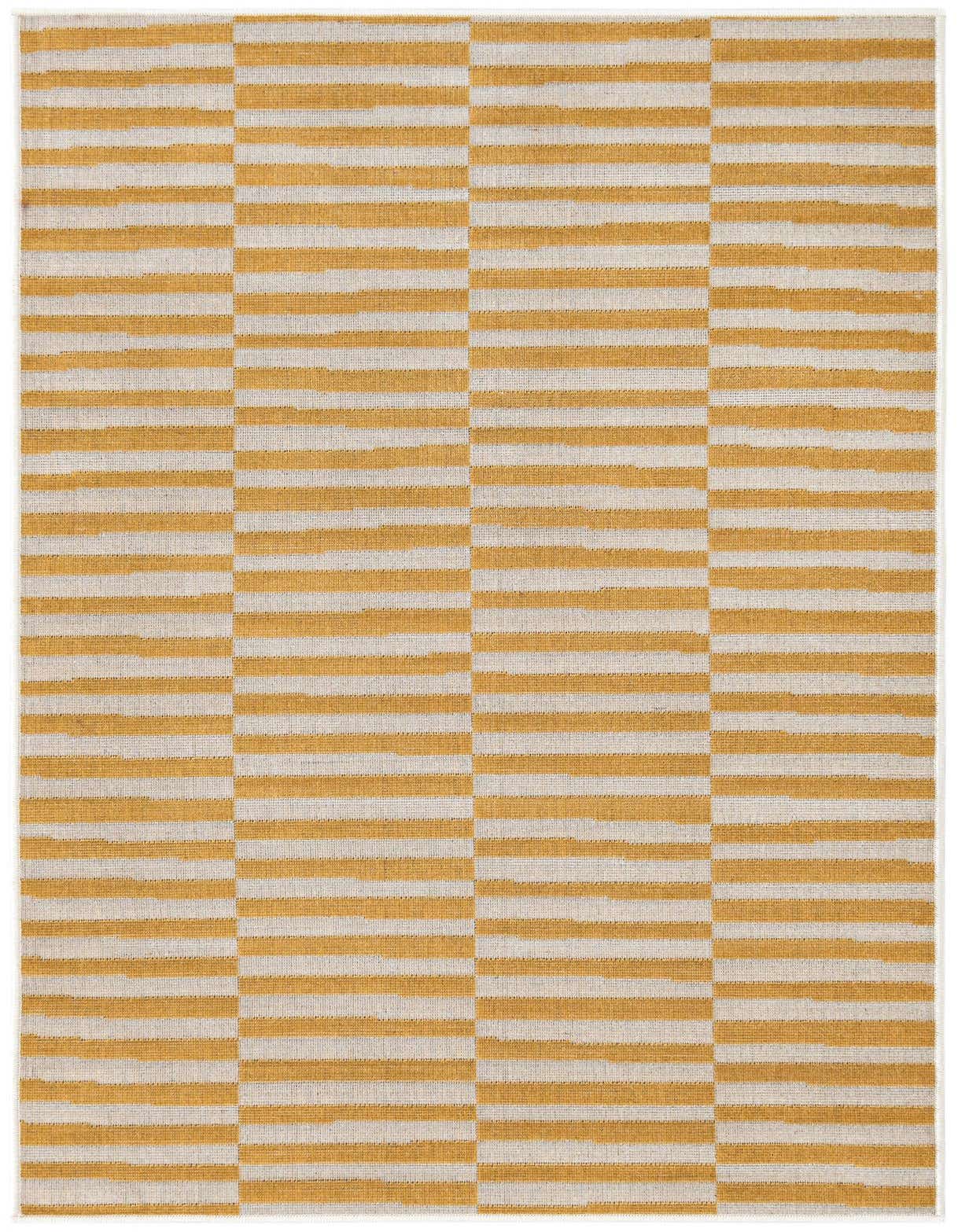 A 3x5 rectangular flatweave rug featuring a modern geometric pattern of alternating horizontal yellow and off-white stripes.