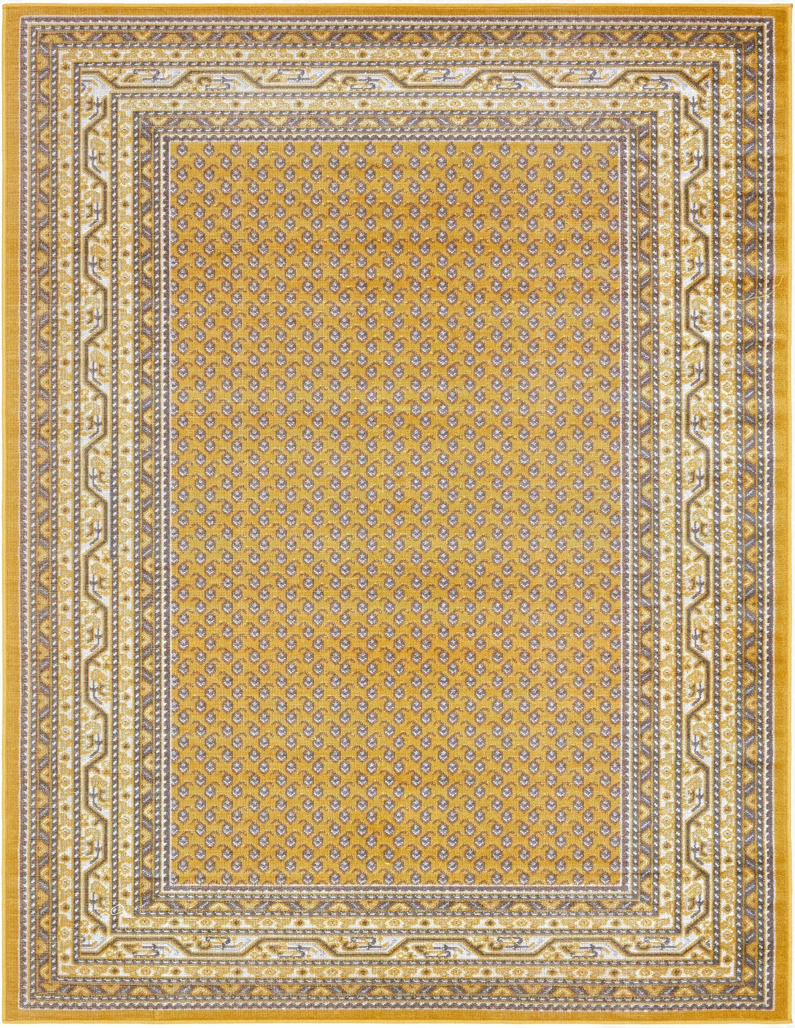A 10x13 rectangular yellow and gold Southwestern area rug with a traditional border pattern.