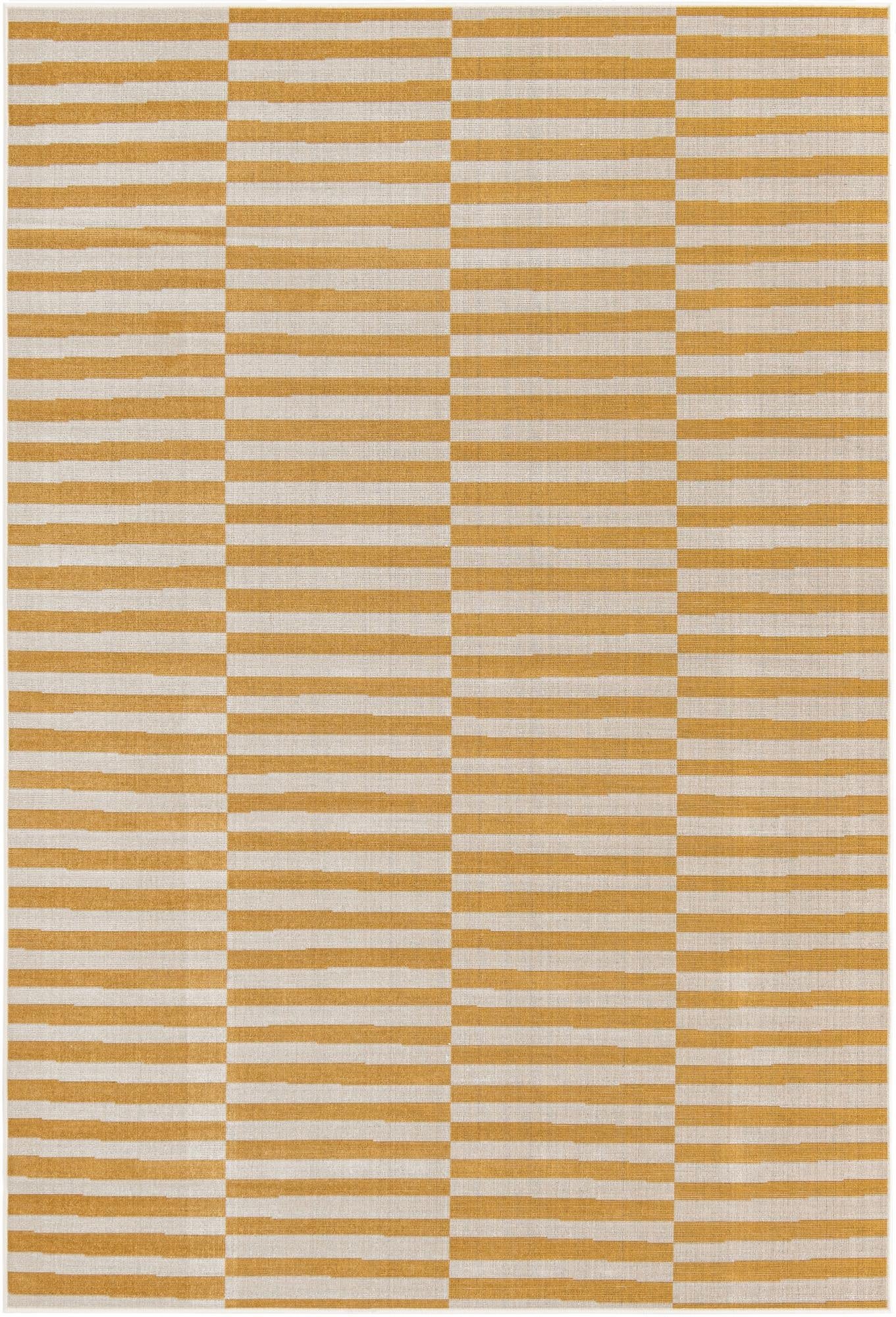 A 6x9 rectangular SoHo rug featuring a modern Scandinavian stripe pattern in yellow and cream, suitable for a living room.