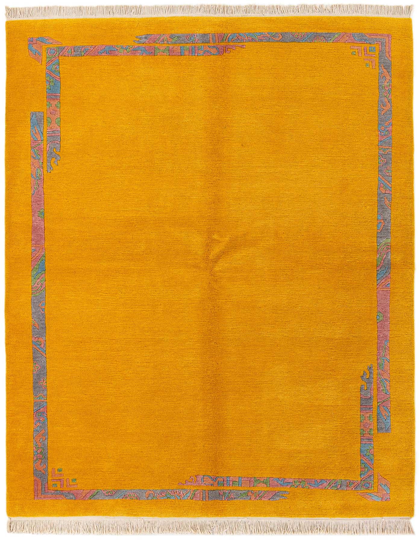 A 5x8 rectangular yellow wool rug with a modern oriental border in blue, pink, and green, suitable for various indoor rooms.