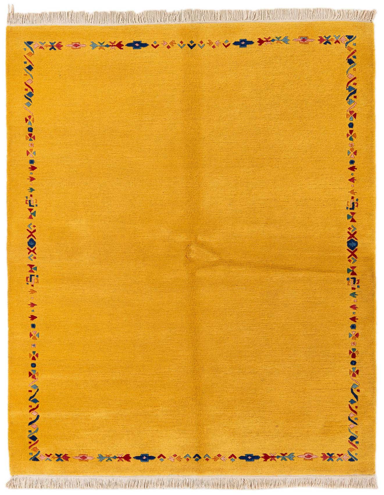 A 5x8 rectangular yellow wool rug with a colorful modern oriental border pattern and fringe.