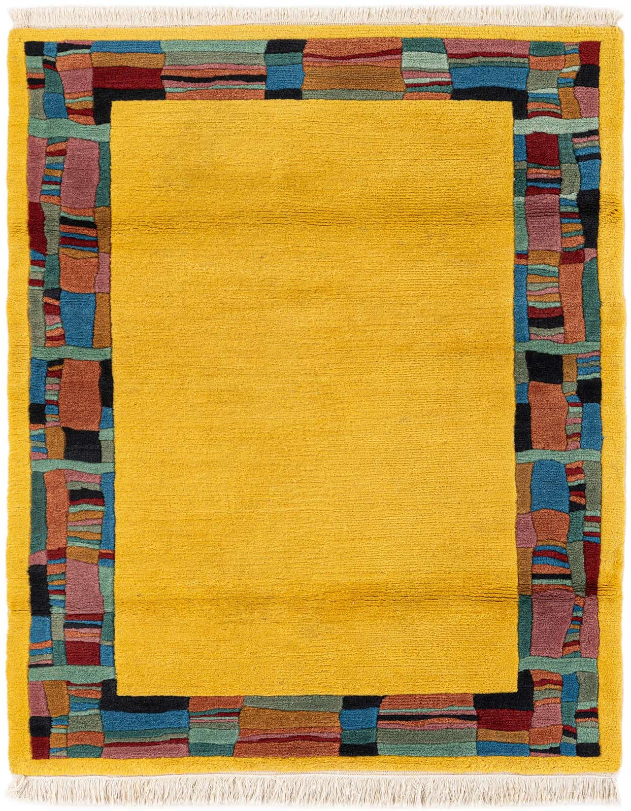 A 3x5 rectangular yellow wool rug with a colorful, abstract, block-patterned border in blues, reds, and greens.