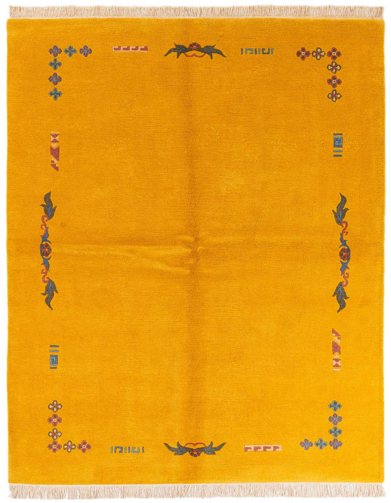 A 5x8 rectangular yellow wool rug with a modern oriental abstract border pattern in blue, red, and green.