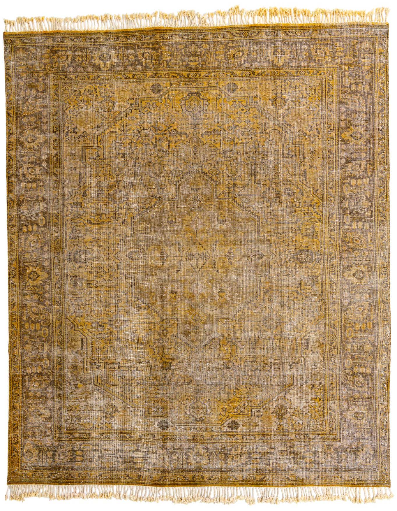A 9x12 rectangular Ultra Vintage wool rug in yellows and golds, featuring a distressed Persian medallion pattern with fringe.