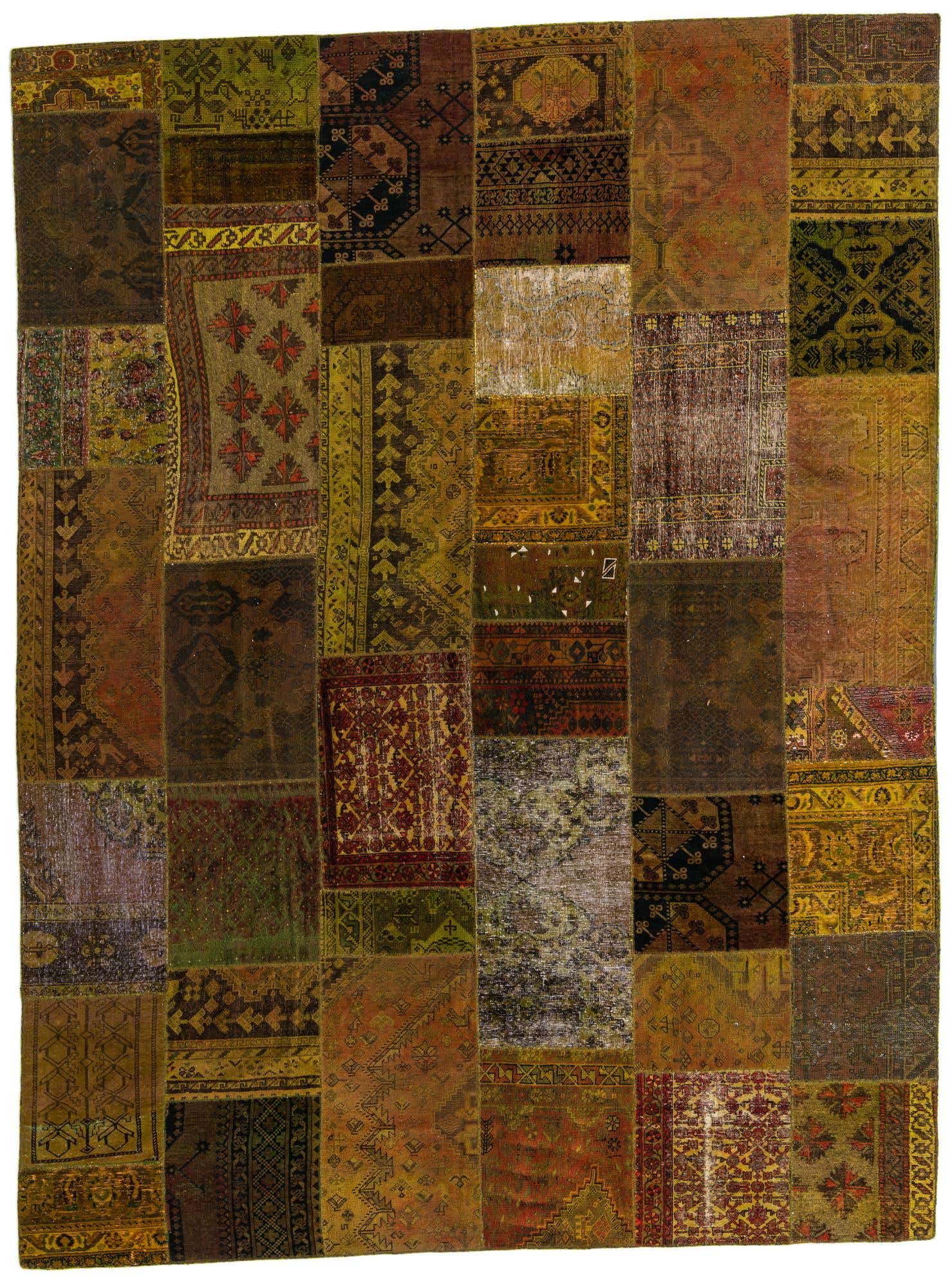 A 10x13 rectangular patchwork rug with various yellow, gold, brown, and green vintage Persian and abstract patterns.