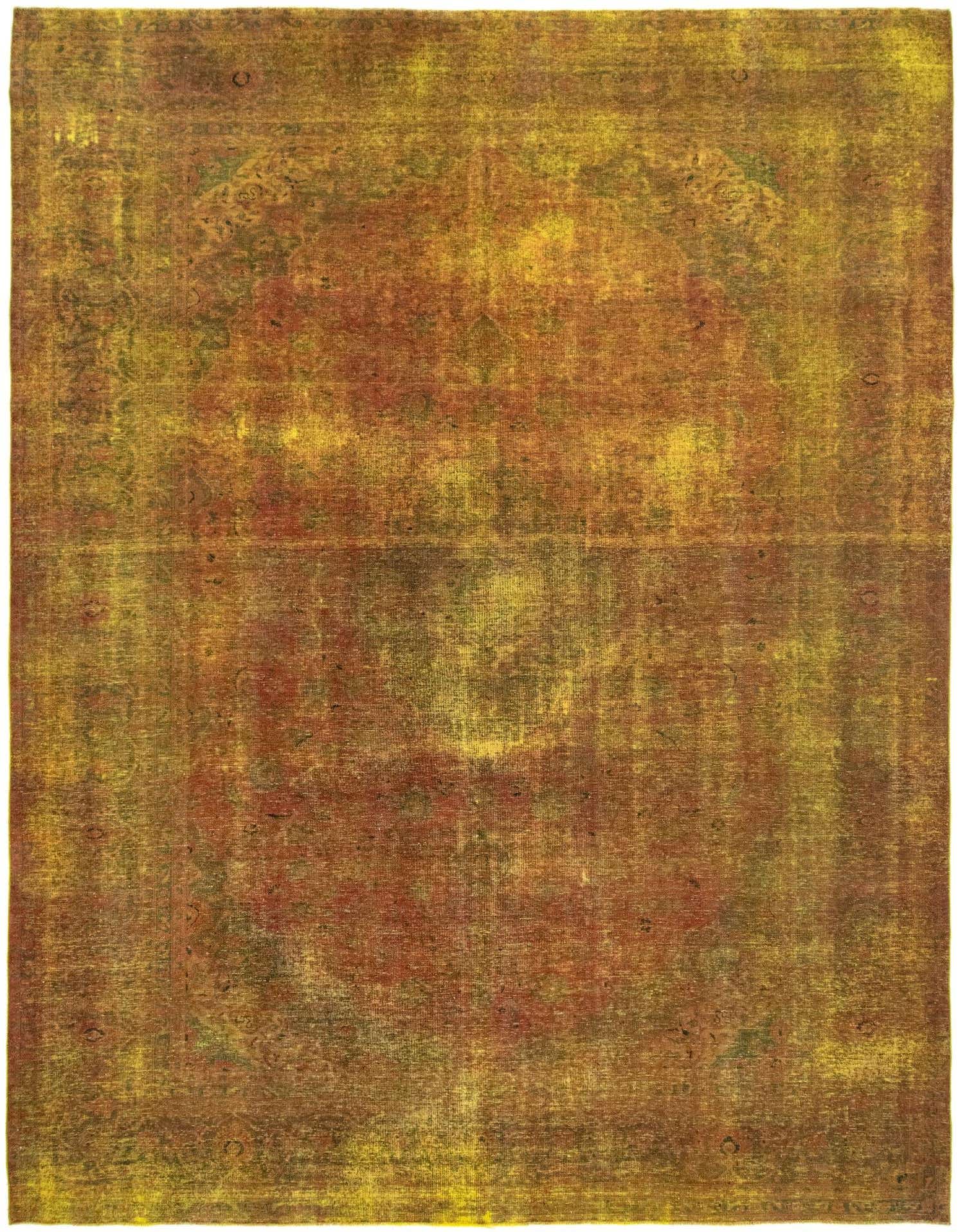 A large 10x13 rectangular Vintage Royal Persian rug in distressed yellows and golds with subtle oriental patterns.