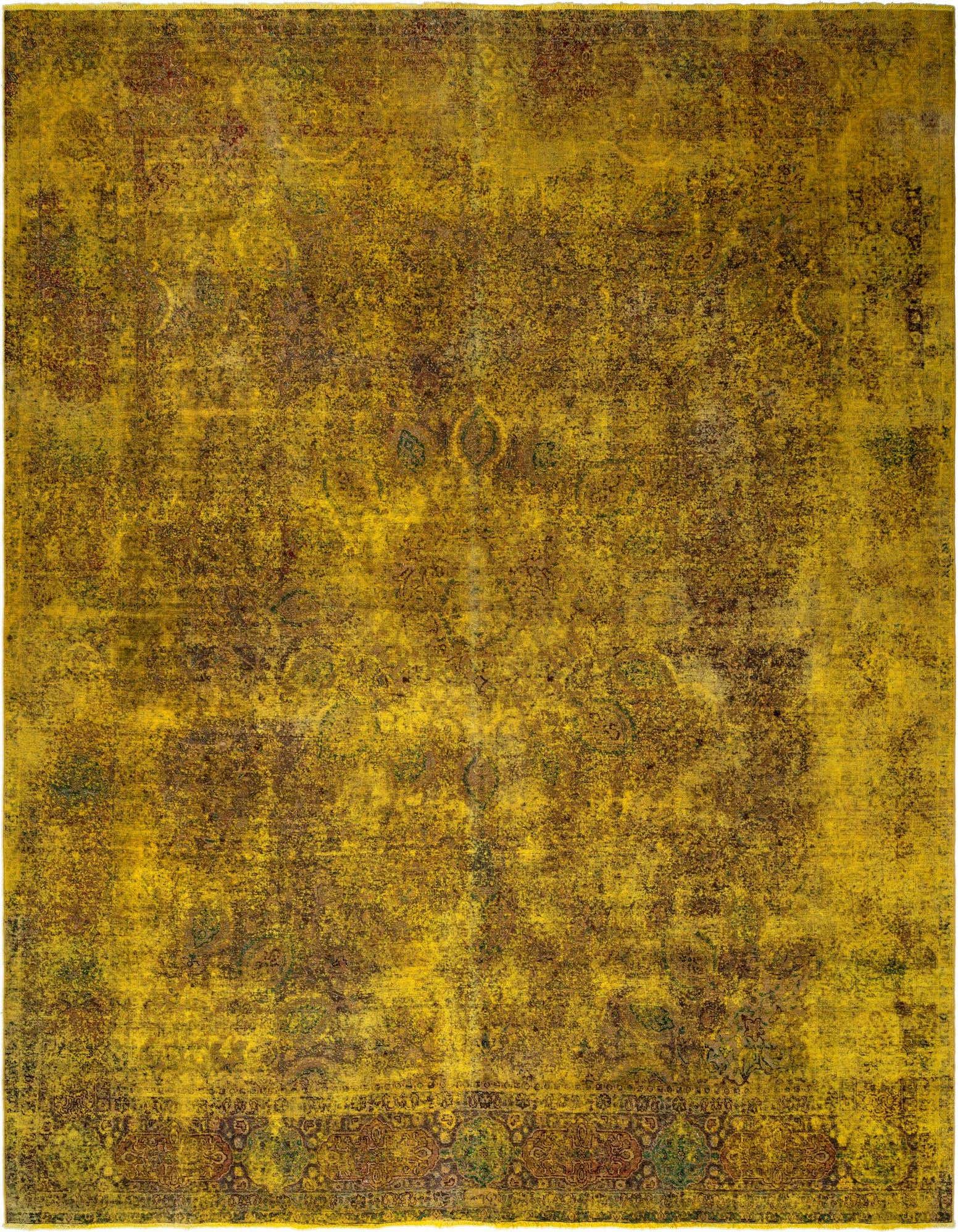 A large 10x12 rectangular yellow Persian rug with a distressed vintage look and subtle traditional patterns.
