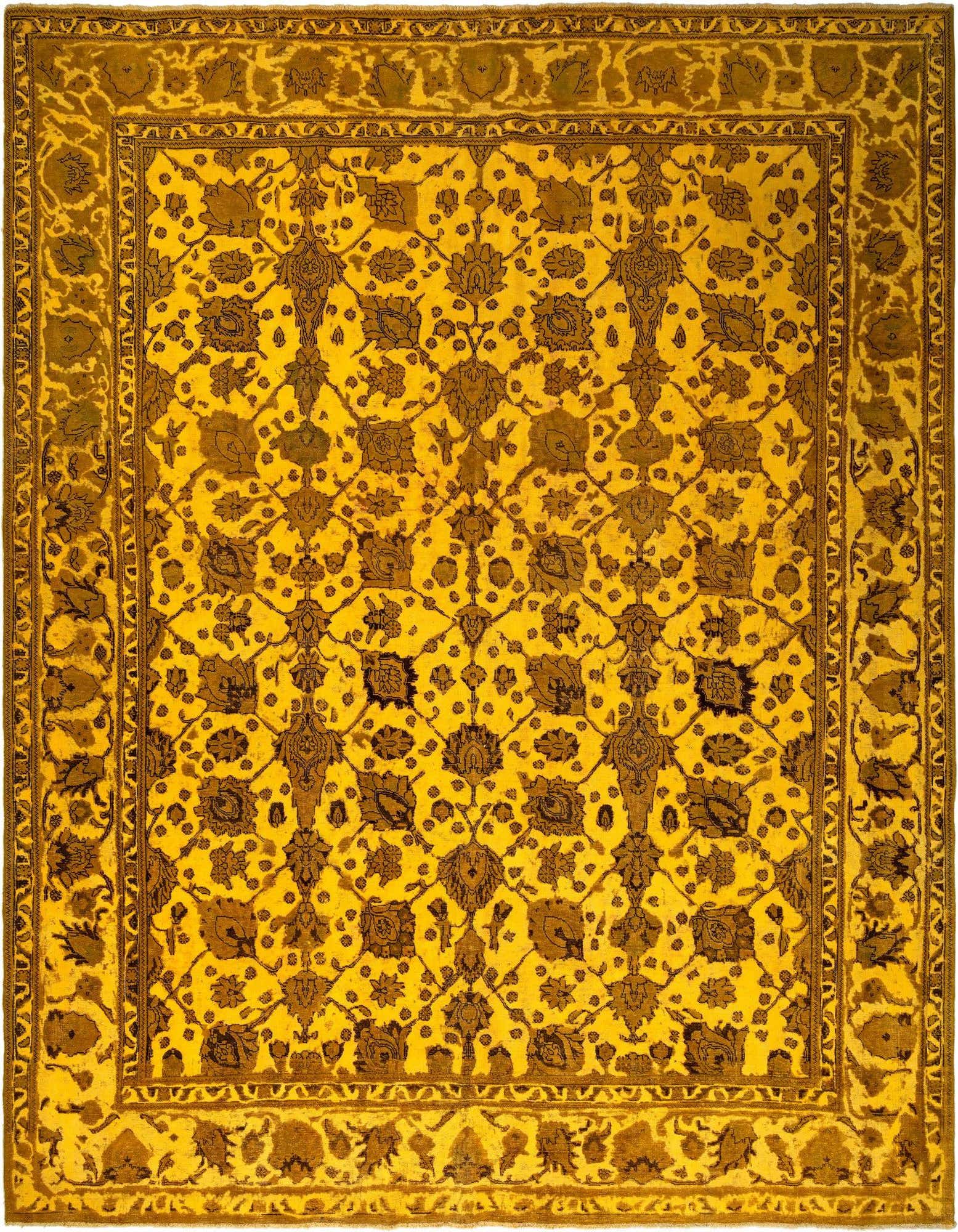 A 10x12 rectangular yellow Persian rug with an intricate floral and vine pattern in darker yellow and brown tones, featuring a detailed border.