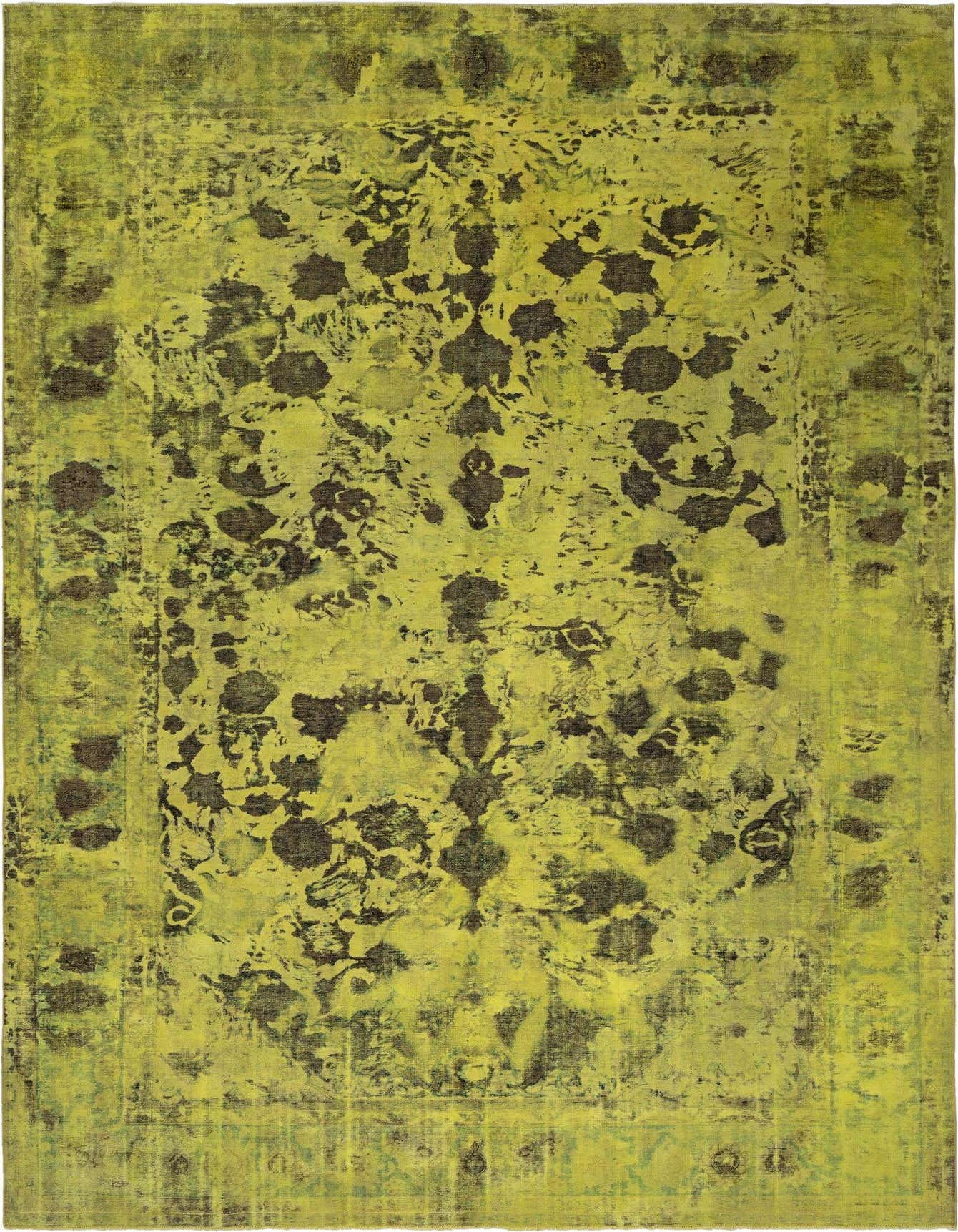A 9x12 rectangular yellow Persian wool rug with a distressed, dark floral pattern and a subtle border, suitable for a living room.