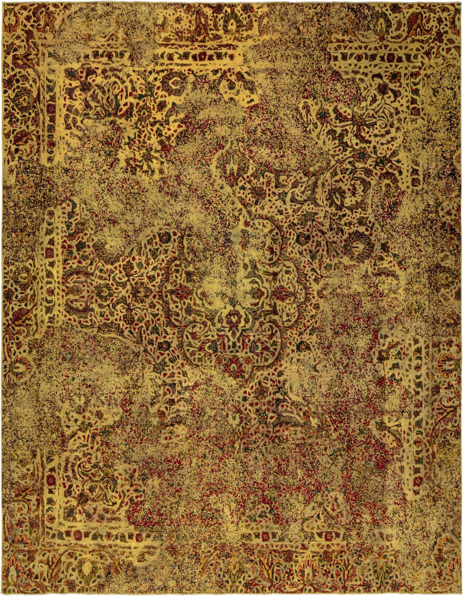 A rectangular 8x10 yellow Persian rug with a distressed traditional pattern in red, green, and brown tones.