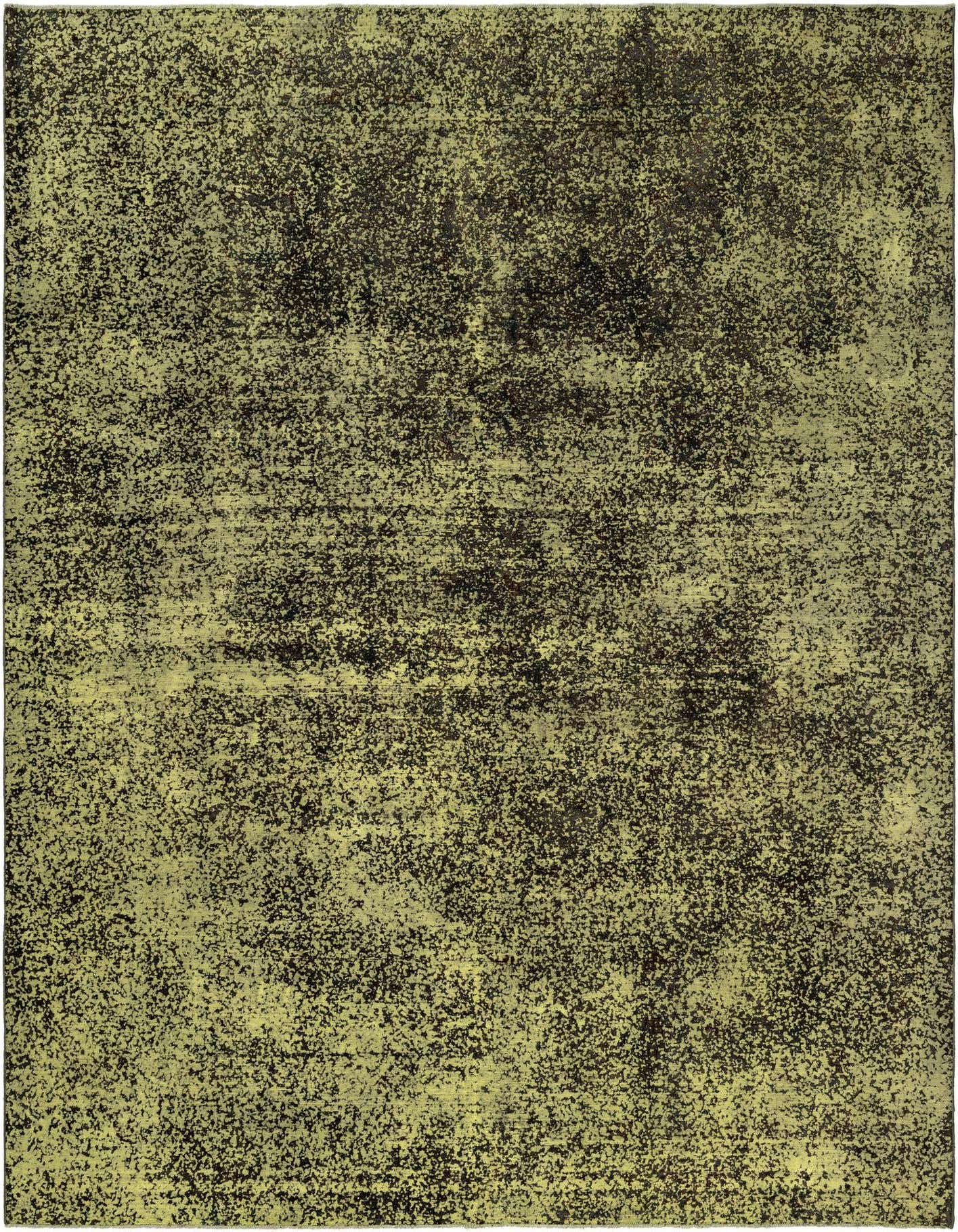 A rectangular 8x11 yellow Persian rug with a distressed, mottled dark brown and yellow pattern, suitable for a living room.