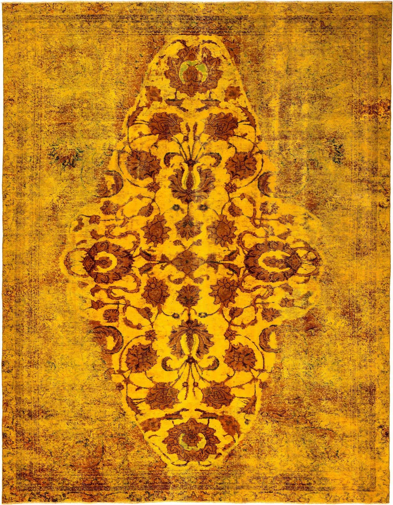 A 7x10 rectangular yellow Persian wool rug with a distressed look and a central brown floral medallion.