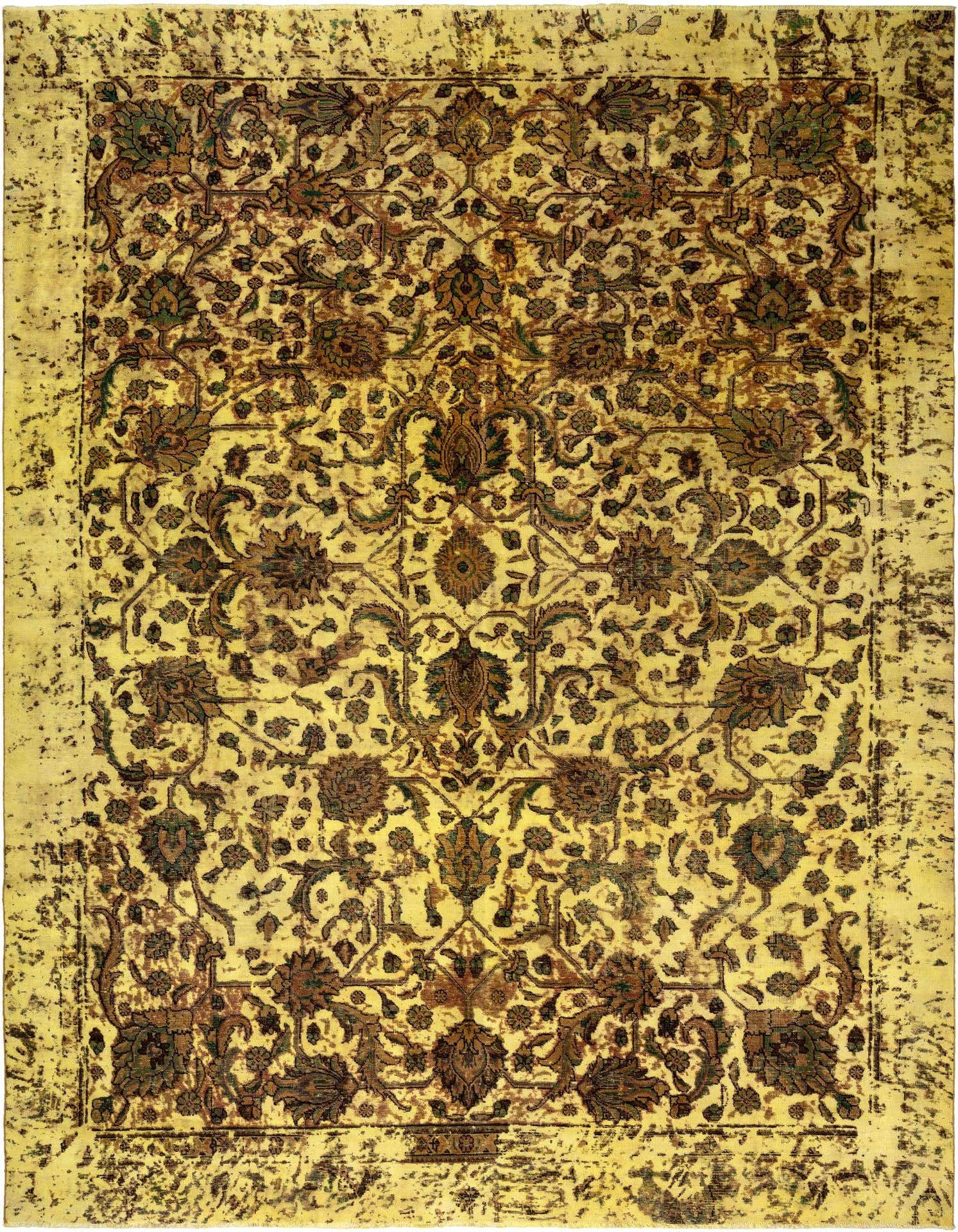 A rectangular 8x11 yellow Persian wool rug with an intricate traditional floral pattern in brown and green tones.