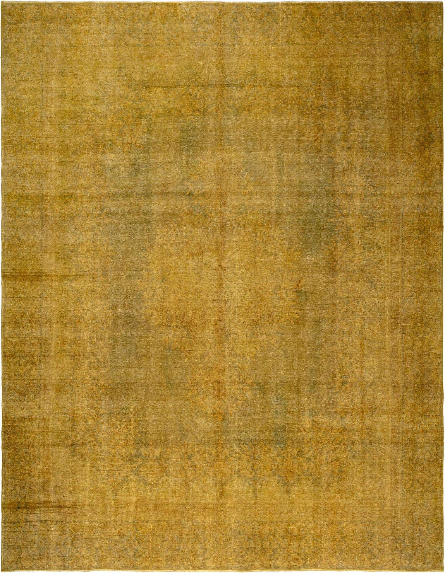 A large 9x12 rectangular yellow Persian wool rug with a subtle, distressed traditional pattern, suitable for a living room.