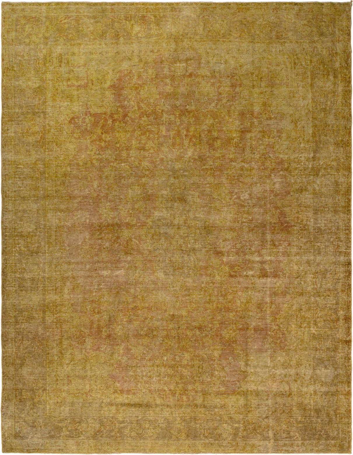 A large 8x11 rectangular yellow Persian wool rug with a subtle, faded traditional pattern, suitable for a living room.