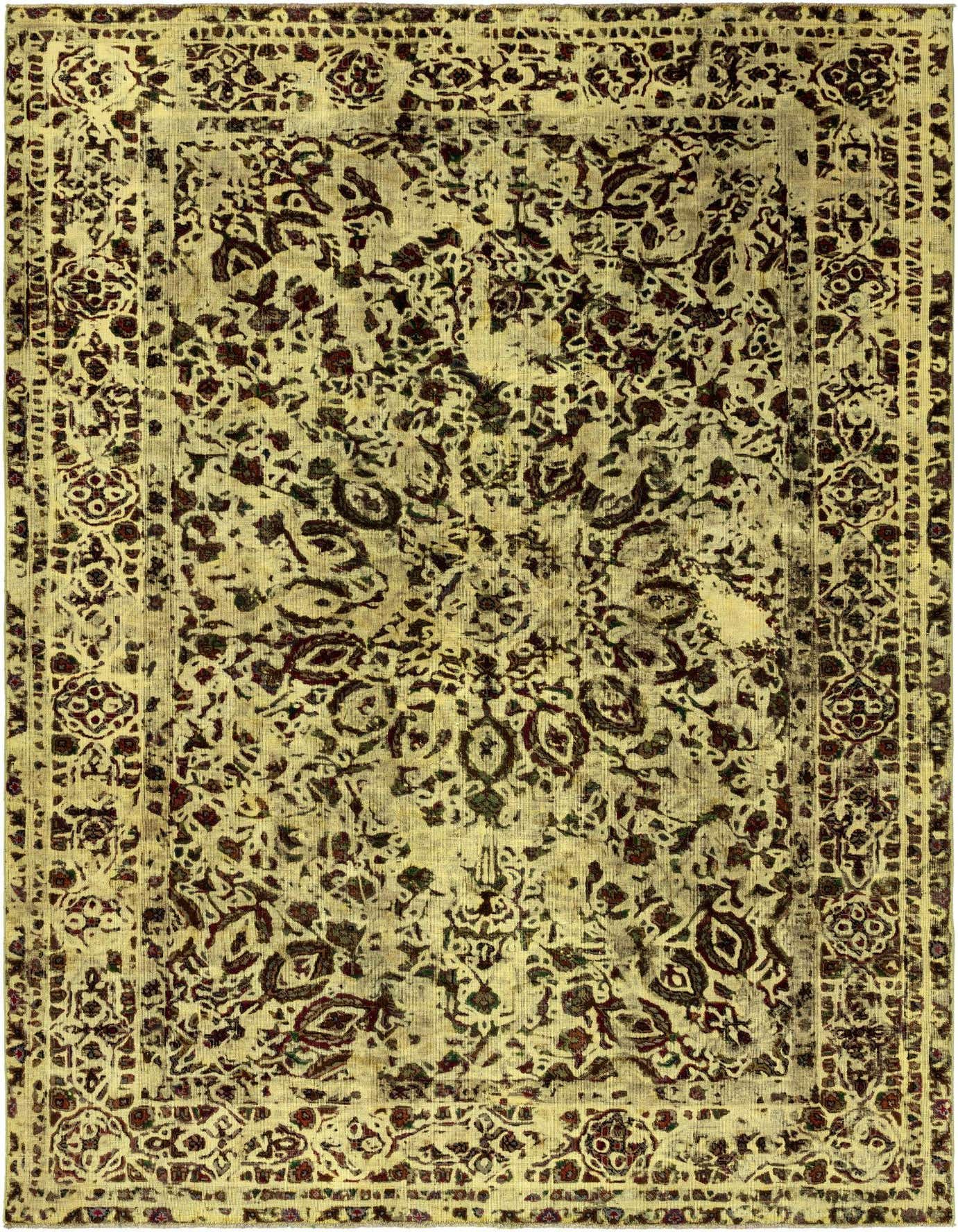 A 6x9 rectangular yellow Persian wool rug with a distressed, intricate floral pattern and a decorative border.