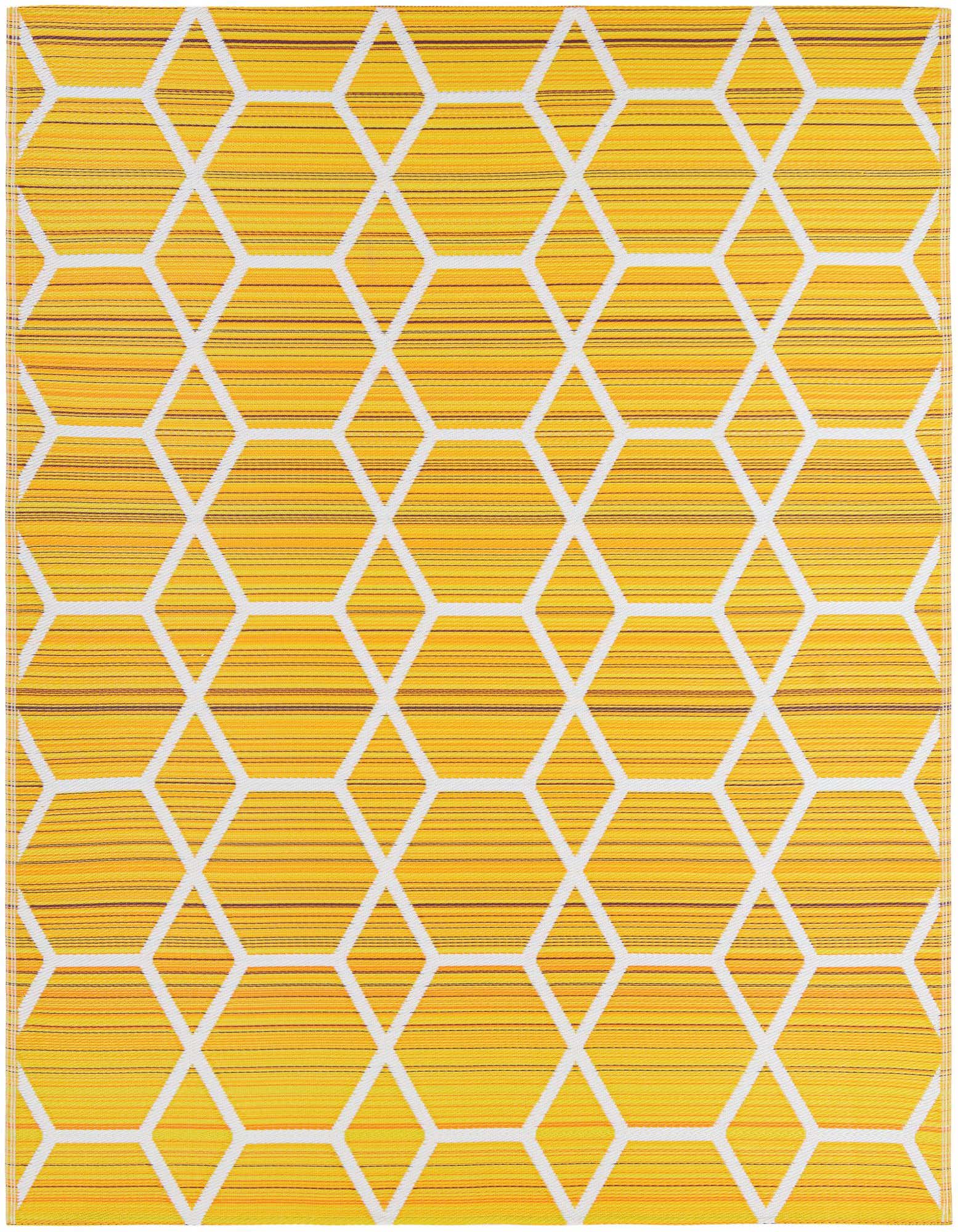 8x10 rectangular yellow and white modern geometric rug with a honeycomb pattern, suitable for indoor/outdoor use.