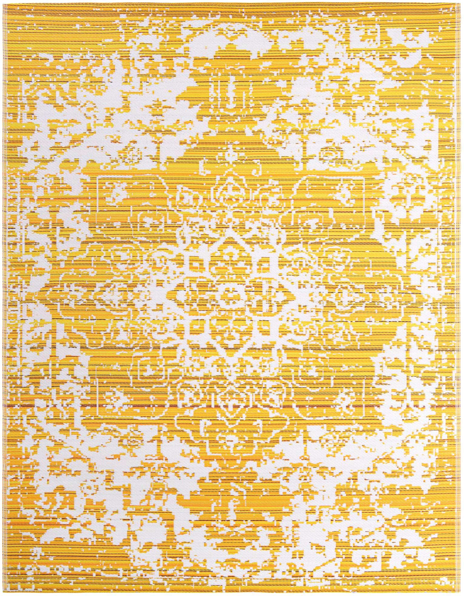A rectangular 8x10 yellow and white modern area rug with a distressed medallion pattern, suitable for indoor or outdoor use.