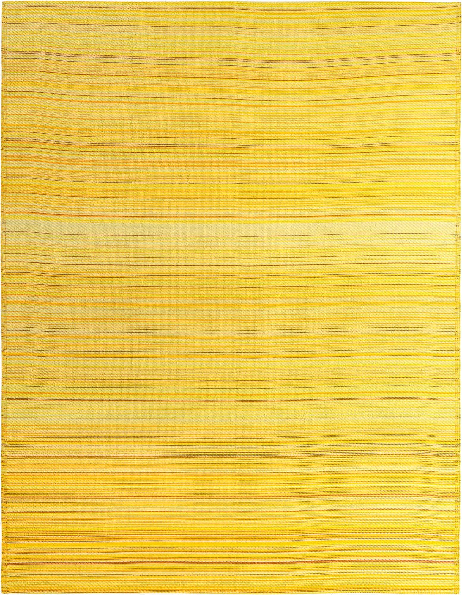 A vibrant 8x10 rectangular yellow and gold striped modern flatweave rug, suitable for indoor or outdoor use.
