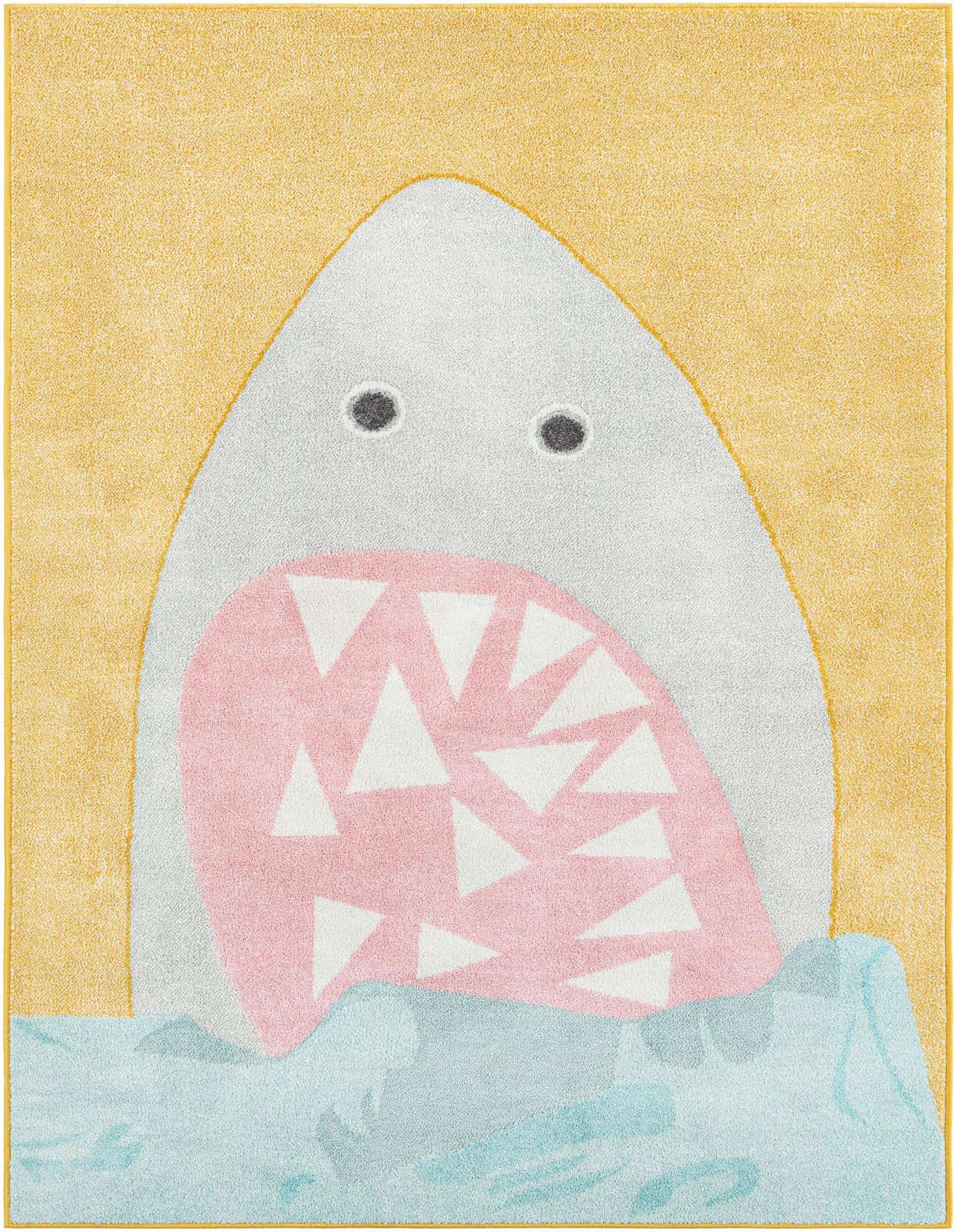A whimsical 5x8 yellow rug featuring a friendly gray shark with a pink mouth and white teeth, swimming in blue water.
